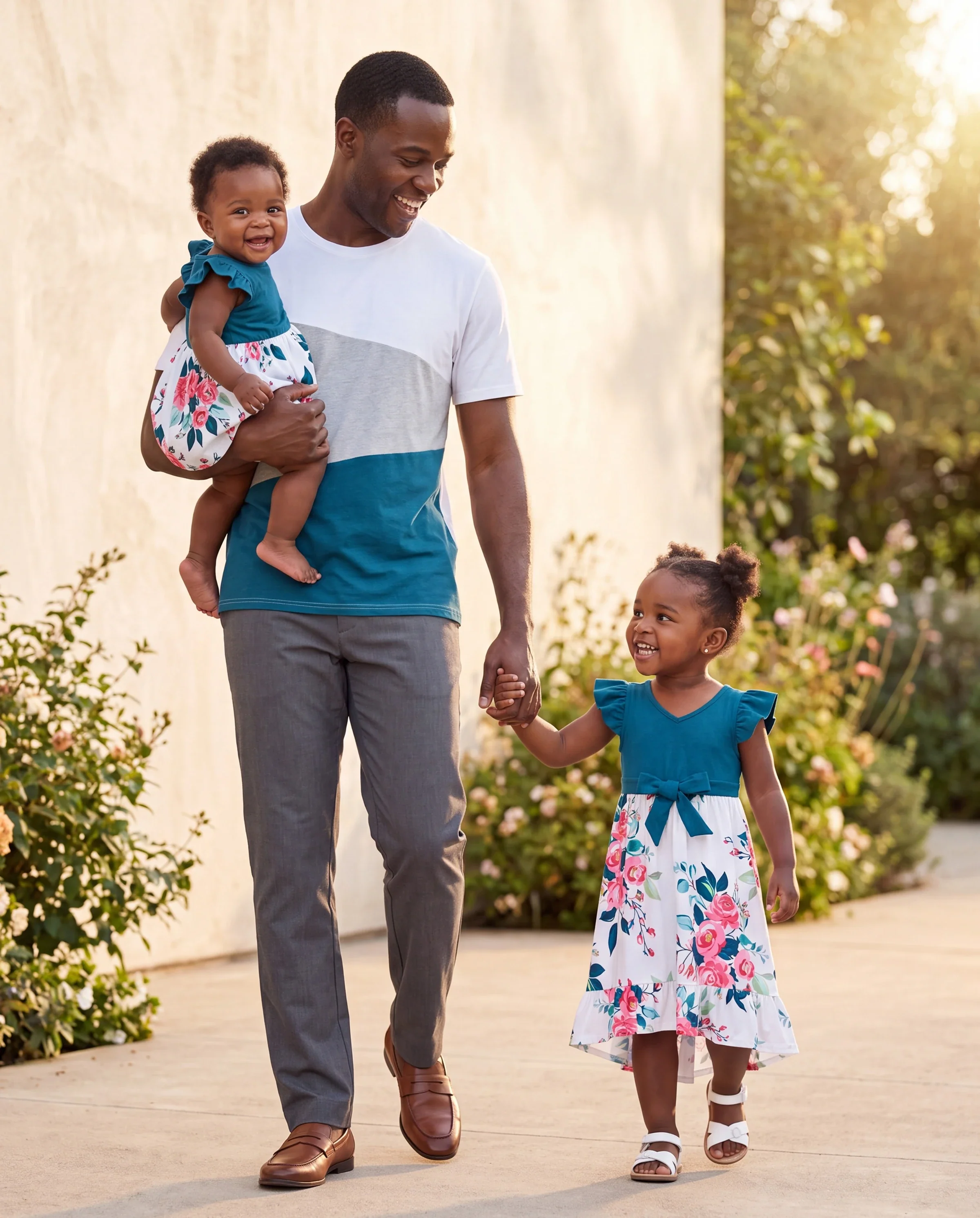 Daddy & Daughter Solid V Neck Flutter-sleeve Splicing Floral Print Dresses and Short-sleeve Colorblock T-shirts Sets Azure- - Image 9