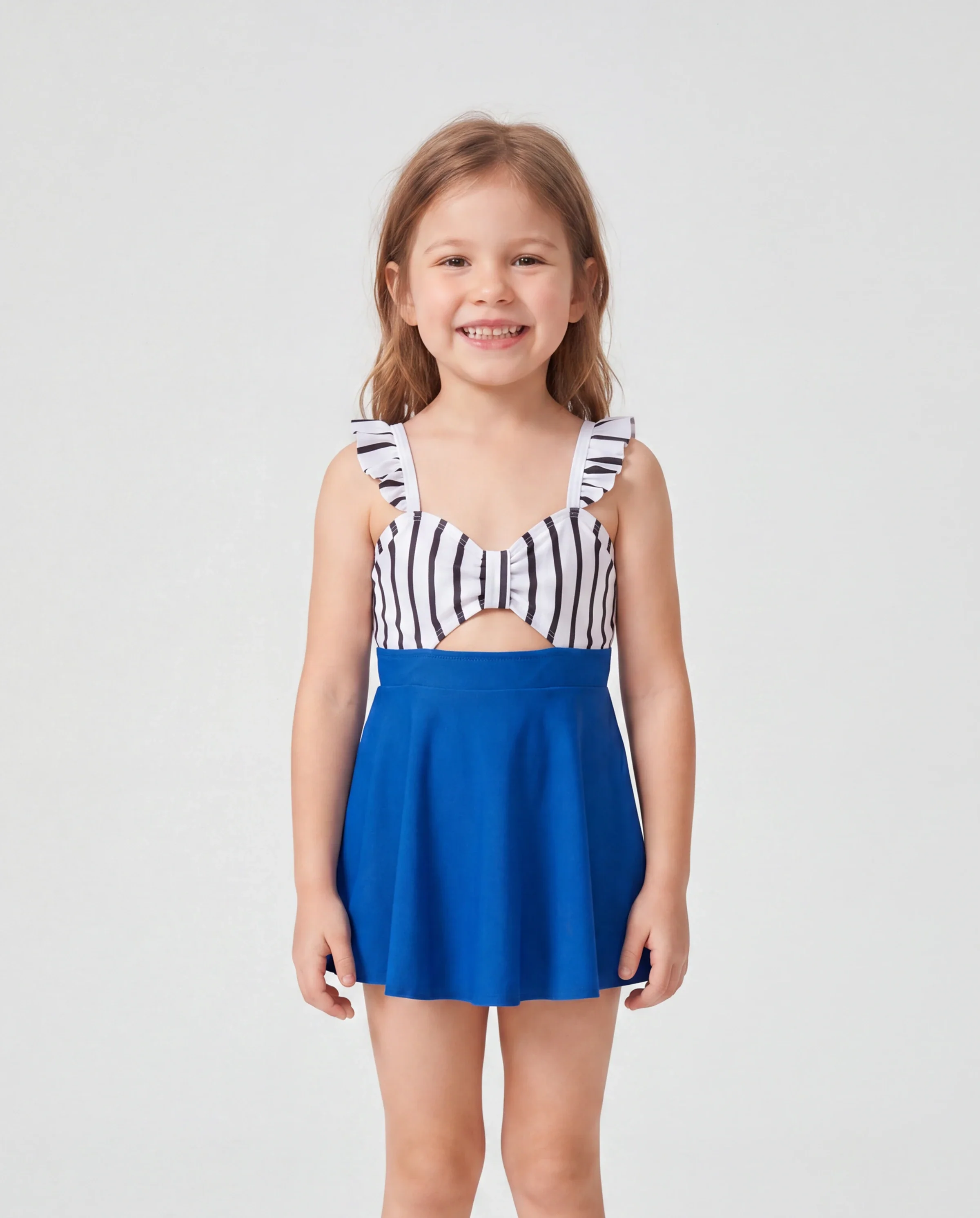 Daddy & Daughter Swimsuit Colorblock Drawstring Swim Trunks or Striped Blue Spliced Tankini with Cross-Front, Tie-Back, and Thin Straps Color block - Image 3