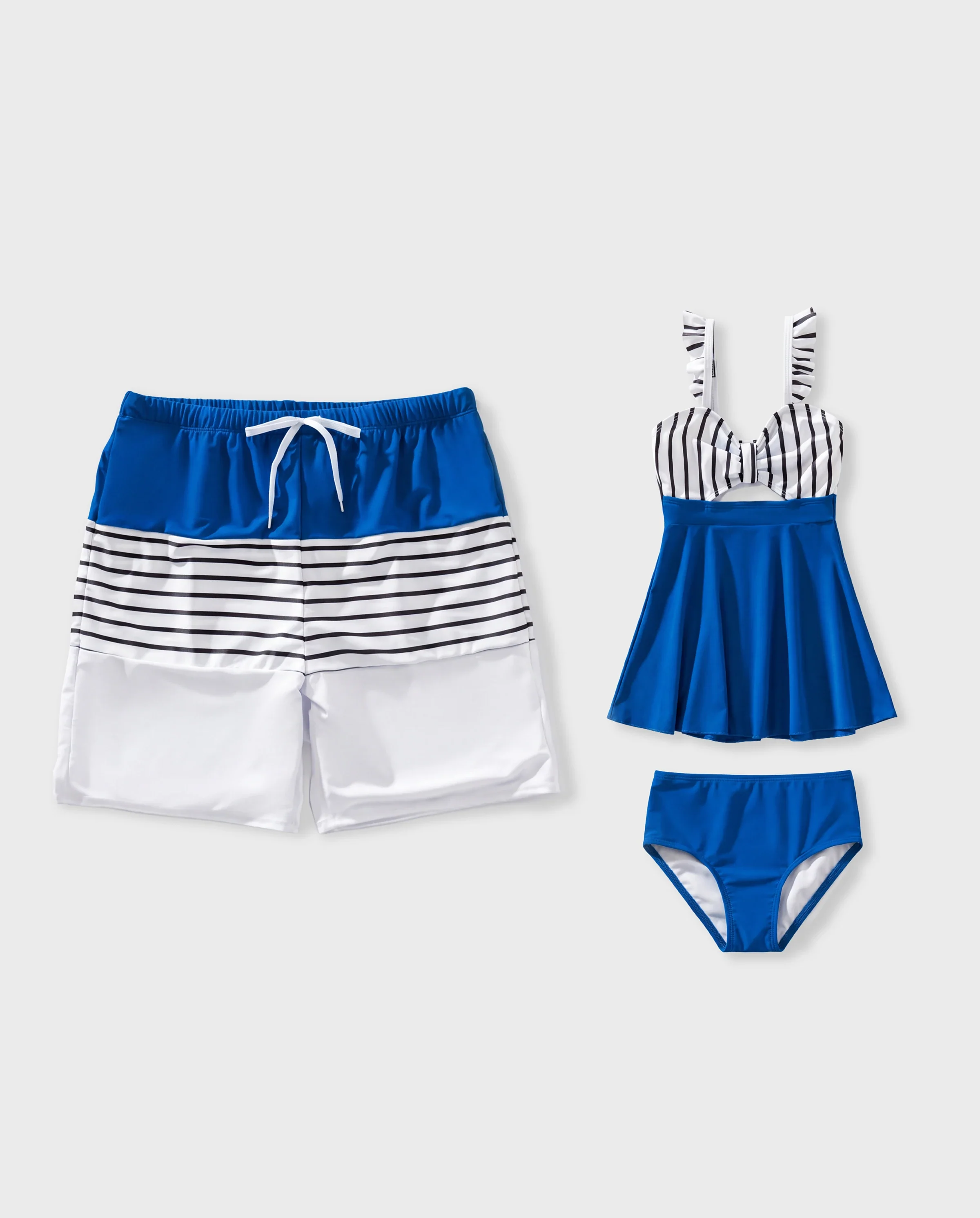 Daddy & Daughter Swimsuit Colorblock Drawstring Swim Trunks or Striped Blue Spliced Tankini with Cross-Front, Tie-Back, and Thin Straps Color block - Image 7