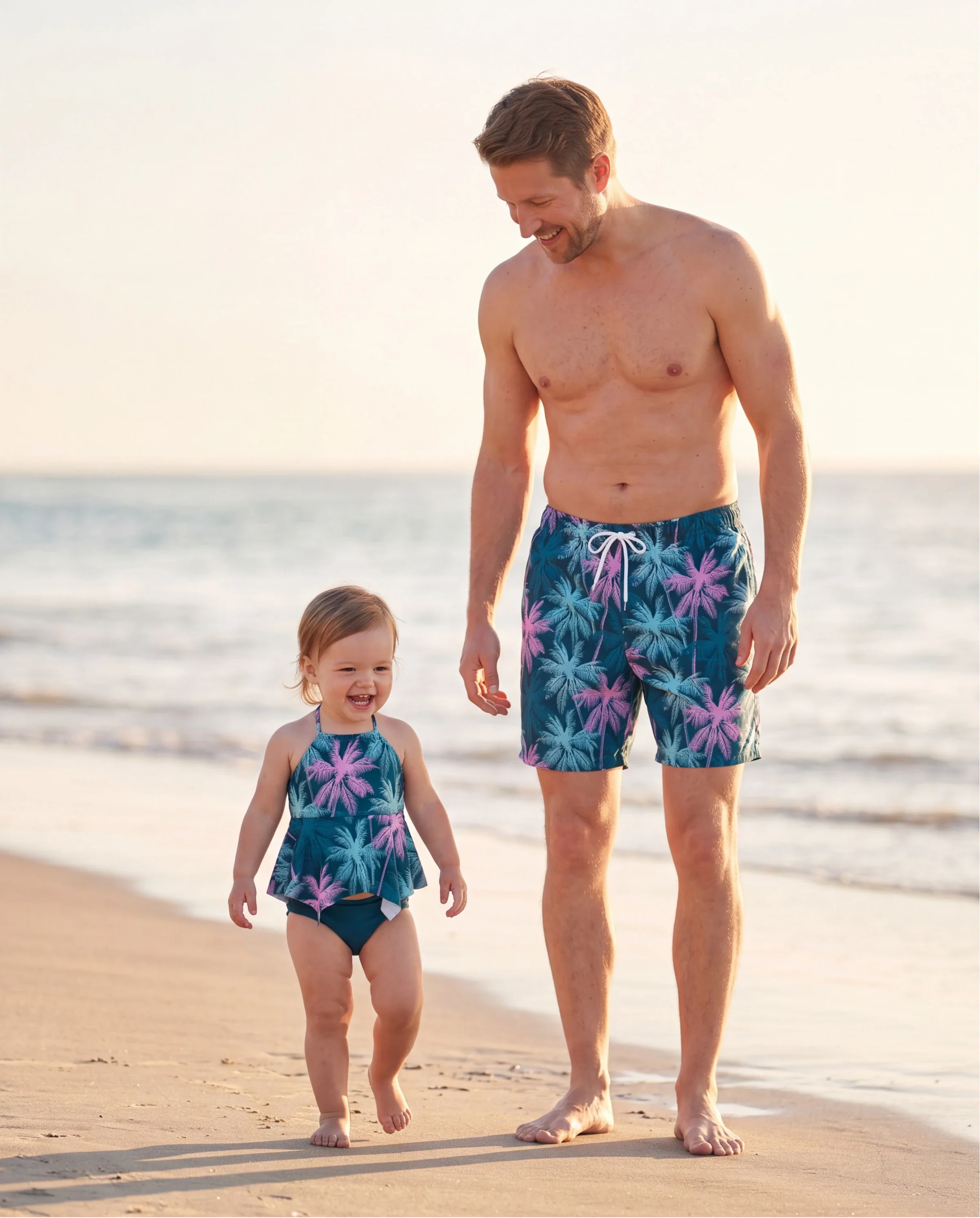 Daddy & Daughter Swimsuits Tropical Palm Tree Print, Beach Vacation Swimwear Turquoise - Image 8