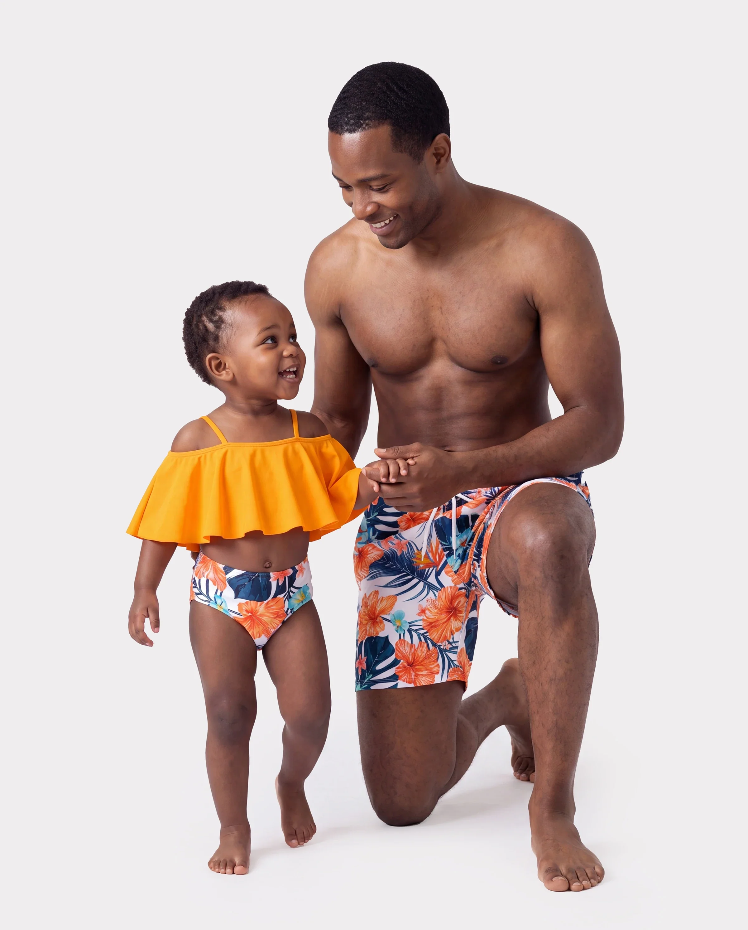 Daddy & Daughter Swimwear Tropical Floral Bikini Set with Ruffle Top for Mom & Daughter, Board Shorts for Dad & Son, Bright Summer Beach Outfits Orange