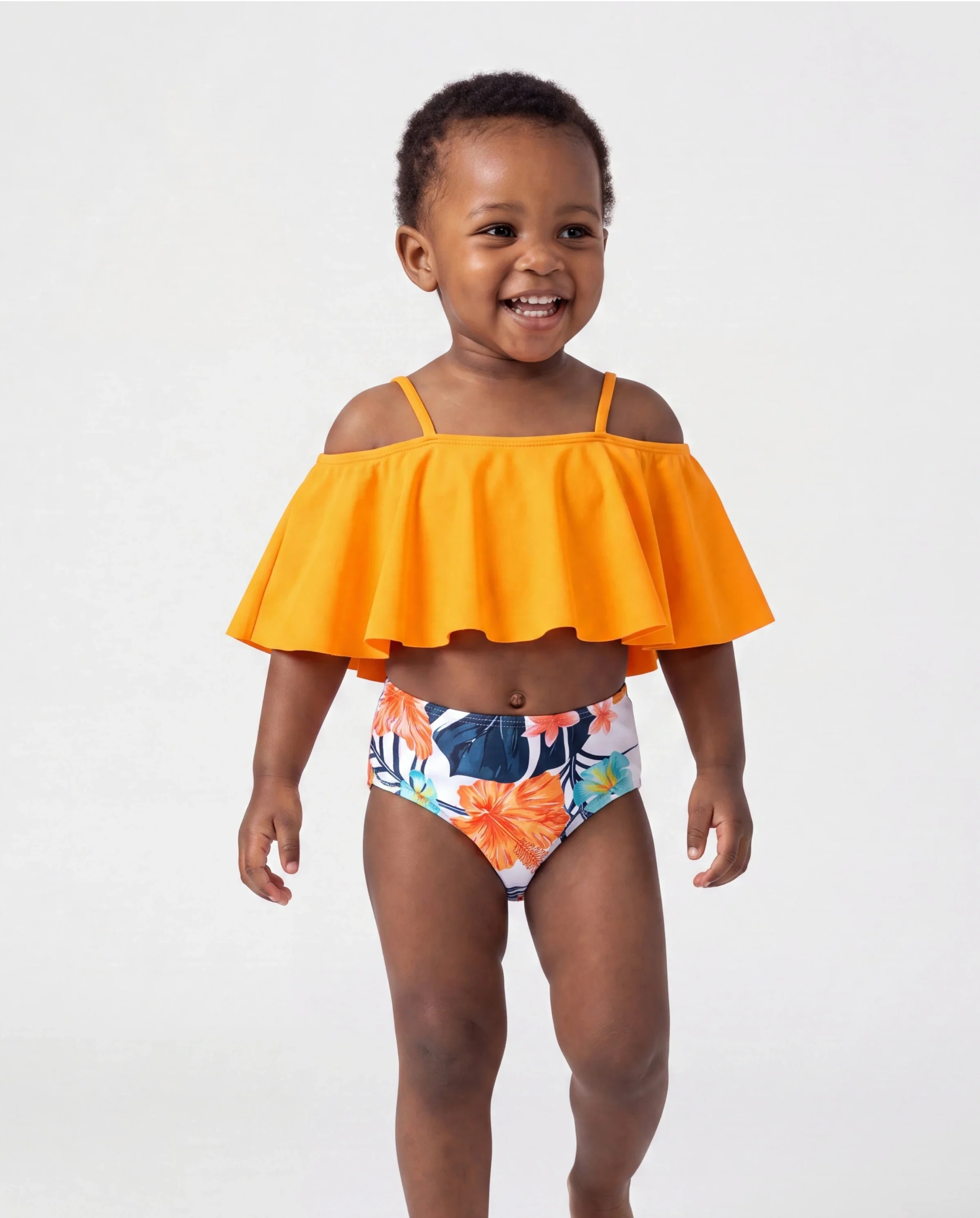 Daddy & Daughter Swimwear Tropical Floral Bikini Set with Ruffle Top for Mom & Daughter, Board Shorts for Dad & Son, Bright Summer Beach Outfits Orange - Image 3