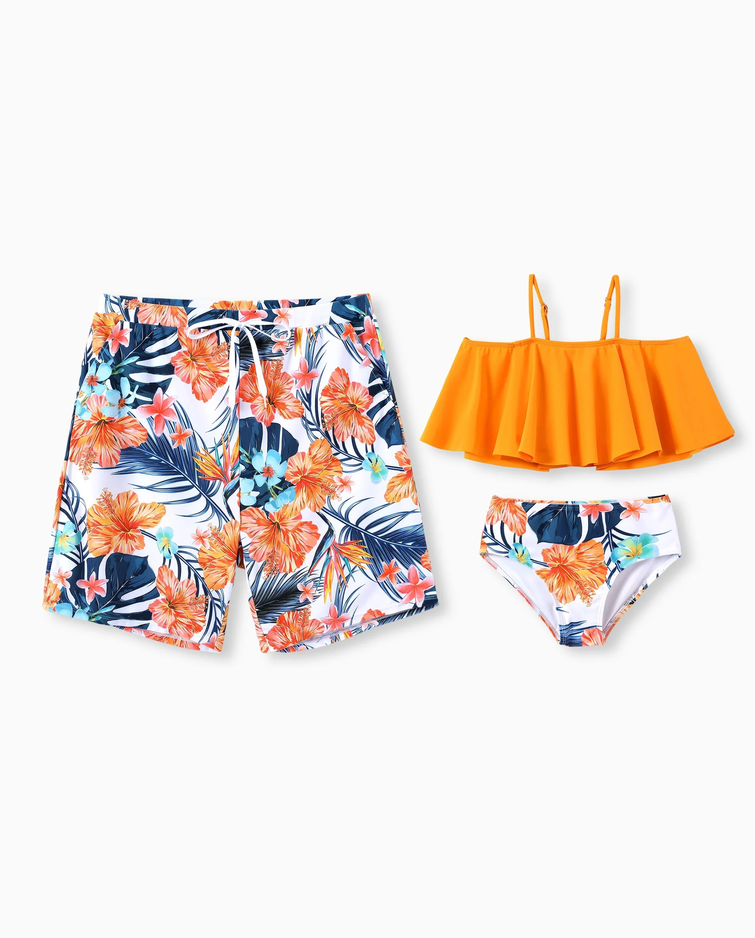 Daddy & Daughter Swimwear Tropical Floral Bikini Set with Ruffle Top for Mom & Daughter, Board Shorts for Dad & Son, Bright Summer Beach Outfits Orange - Image 7