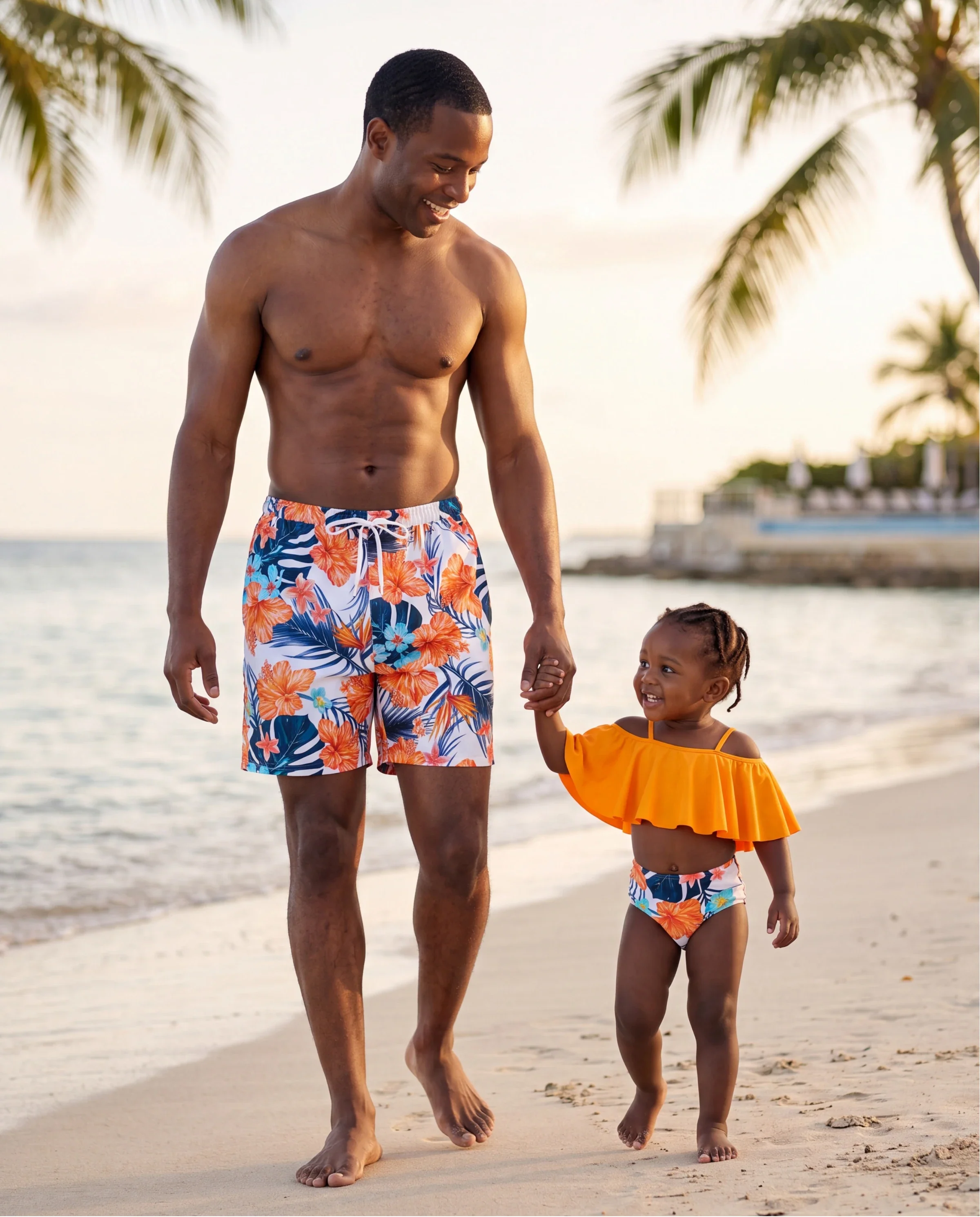 Daddy & Daughter Swimwear Tropical Floral Bikini Set with Ruffle Top for Mom & Daughter, Board Shorts for Dad & Son, Bright Summer Beach Outfits Orange - Image 8