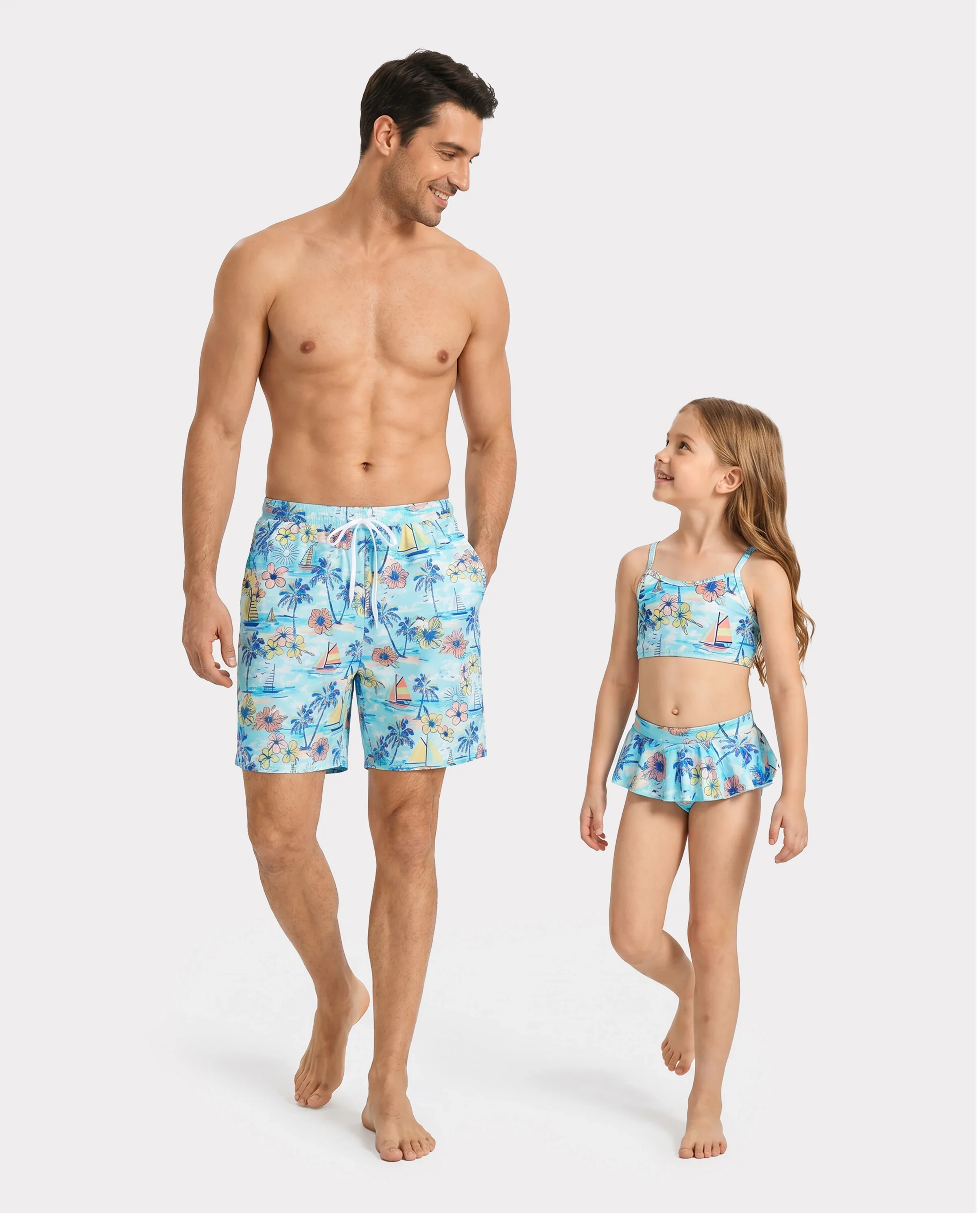 Daddy & Daughter Swimwear Tropical Print, Girl two-piece Swimsuit for Summer Beach Vacation Light Blue