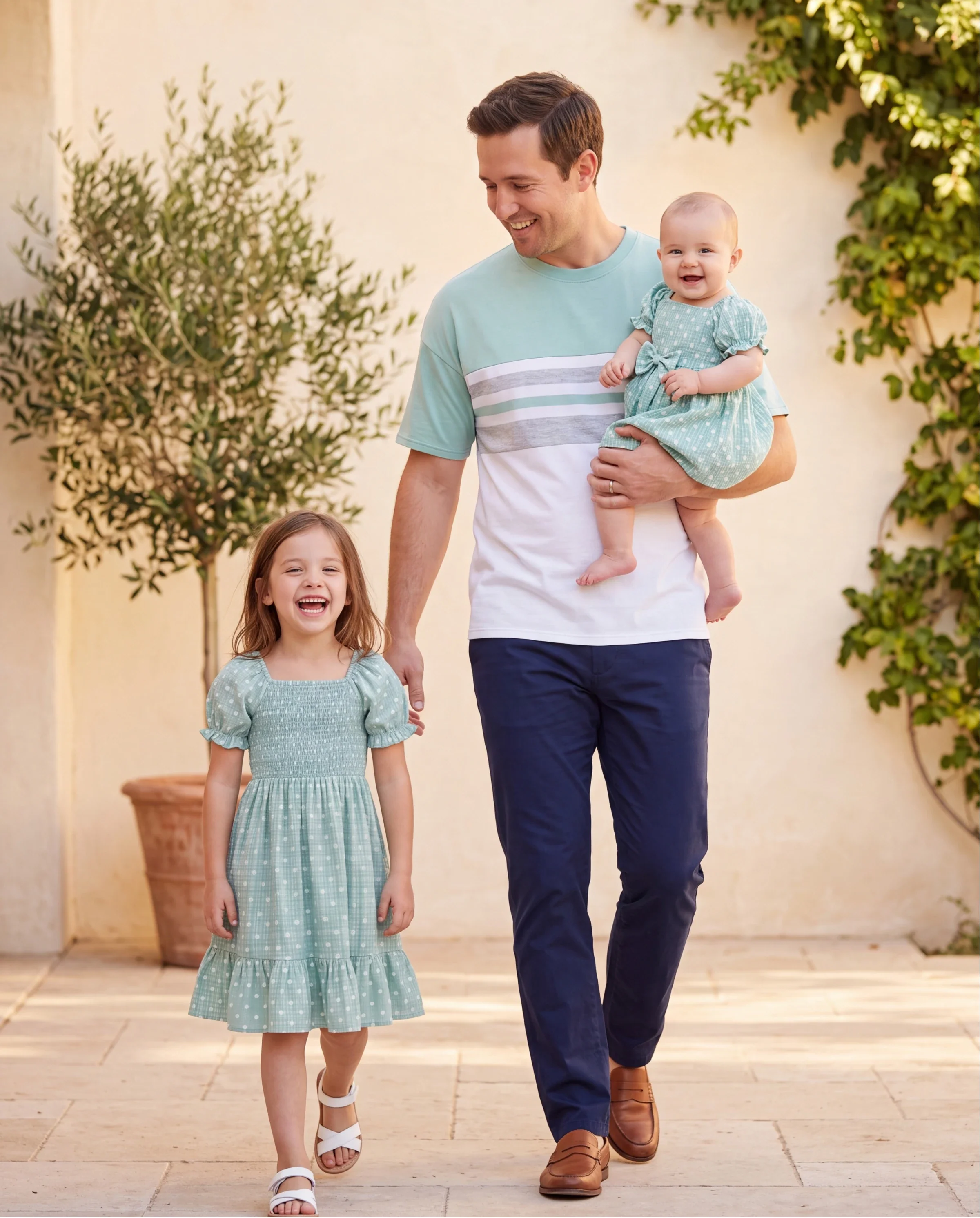 Daddy & Daughter T-Shirt & Dress Set Polka Dot Puff-sleeve Dress for Daughter & Baby, Color Block Cotton Tee for Dad , Perfect for Family Outings & Photos Light Green - Image 9