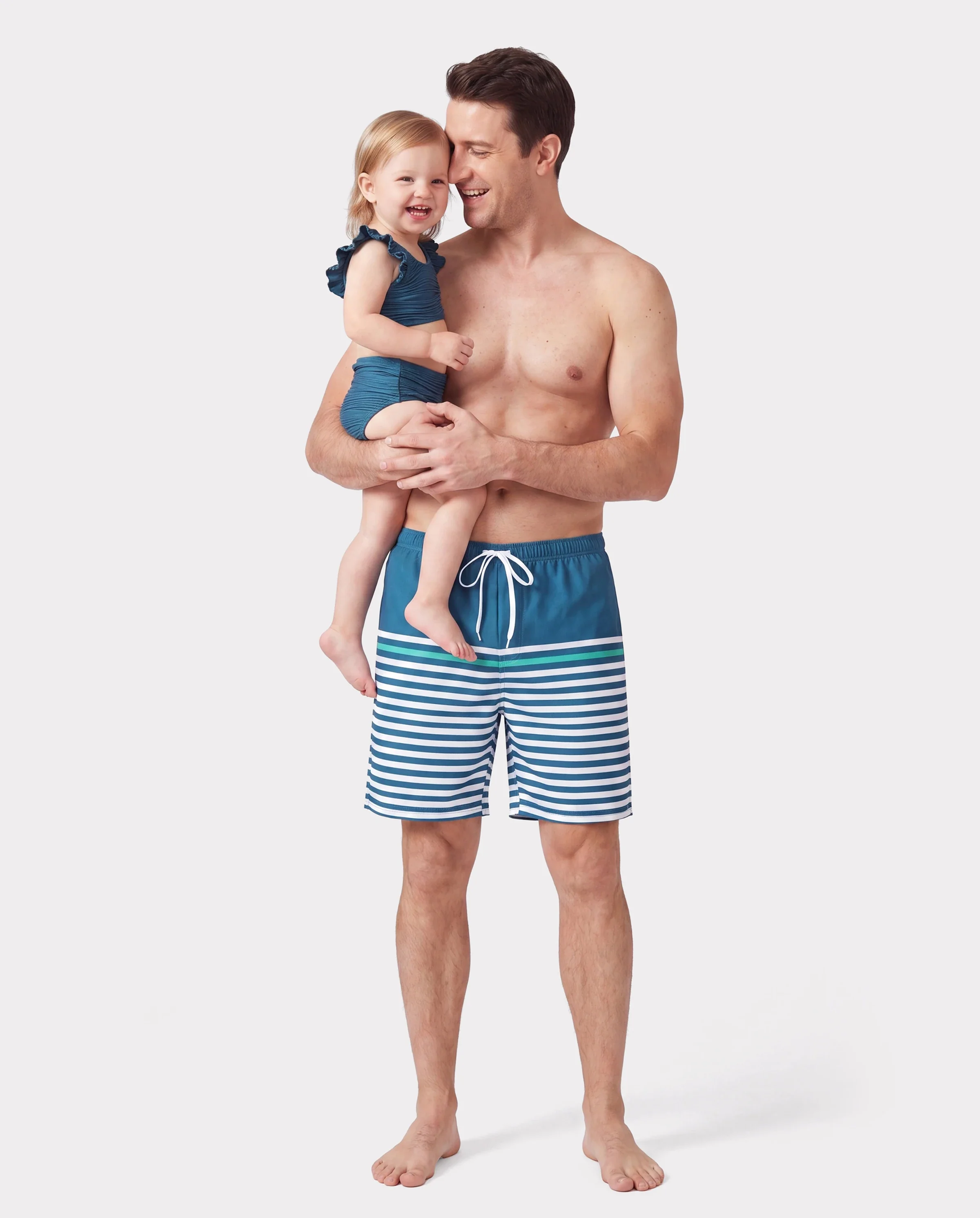 Daddy & Daughter Teal Striped Swimsuits Ruched Bikini & Swim Trunks Set Multi-color
