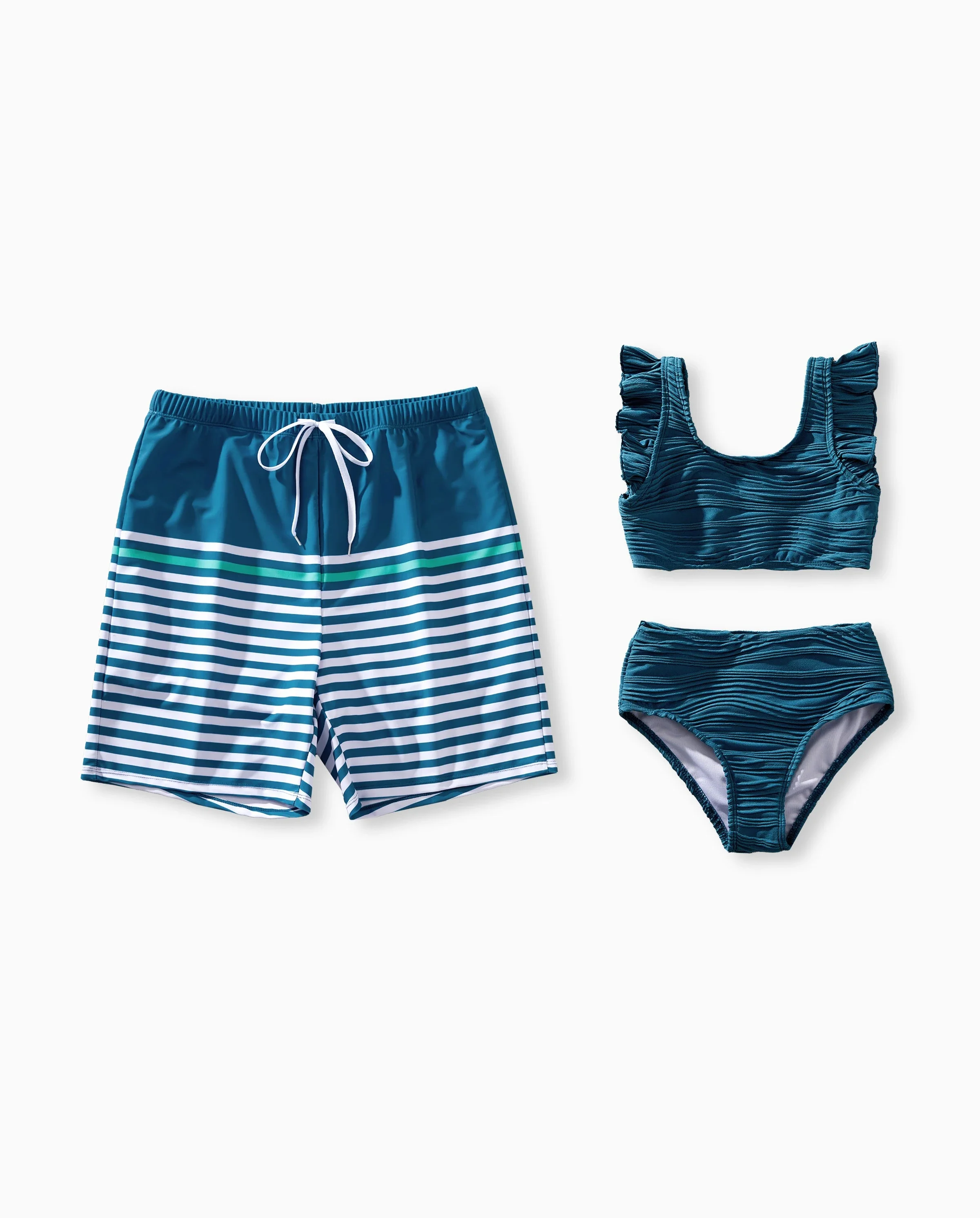 Daddy & Daughter Teal Striped Swimsuits Ruched Bikini & Swim Trunks Set Multi-color - Image 7
