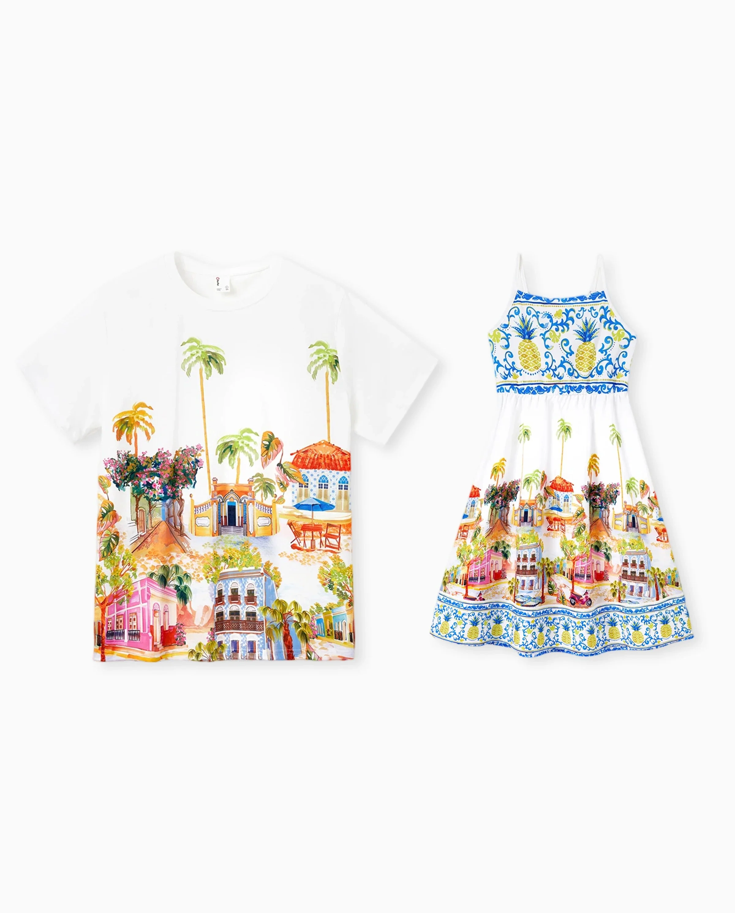 Daddy & Daughter Vacation Set Tropical Pineapple Coconut Tree Print Short-sleeve T-shirt or Hollow out Strap Dress for Summer Vacation White - Image 7