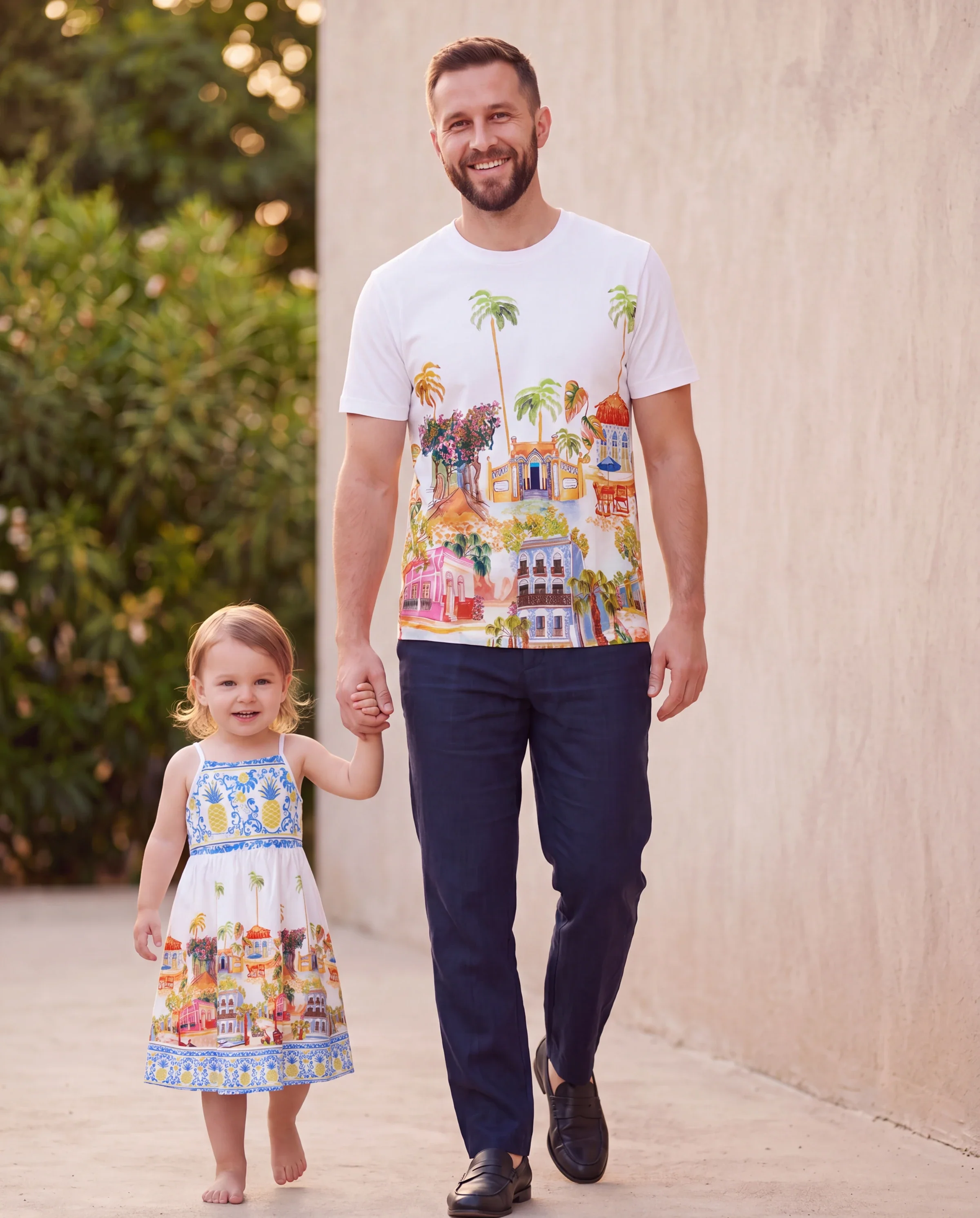 Daddy & Daughter Vacation Set Tropical Pineapple Coconut Tree Print Short-sleeve T-shirt or Hollow out Strap Dress for Summer Vacation White - Image 8