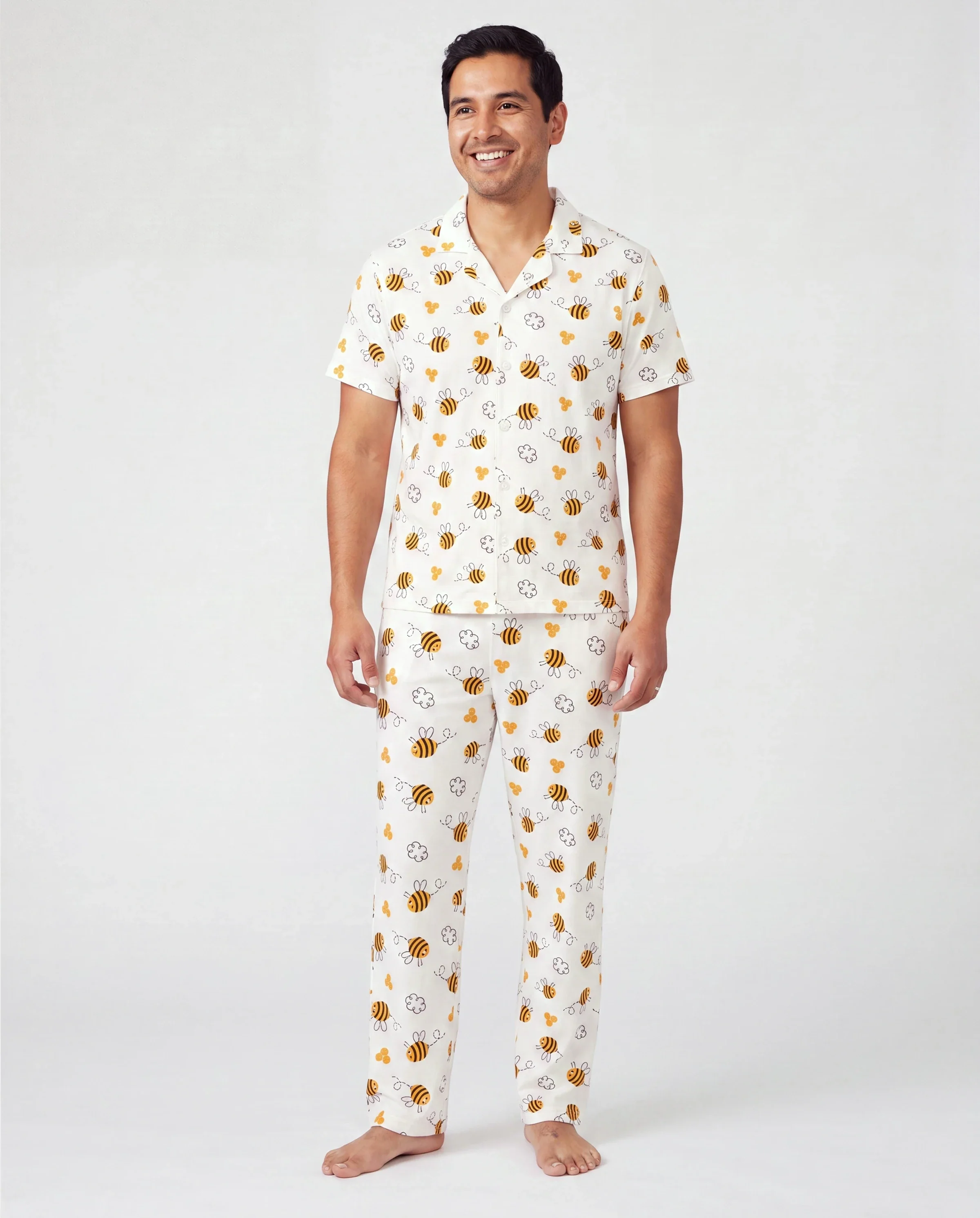 Daddy & Son Bamboo Pajamas Soft Bamboo Viscose PJs for Men Women Kids Toddler, Cute Bee Print Sleepwear with Short Sleeve Top and Long Pants White - Image 2