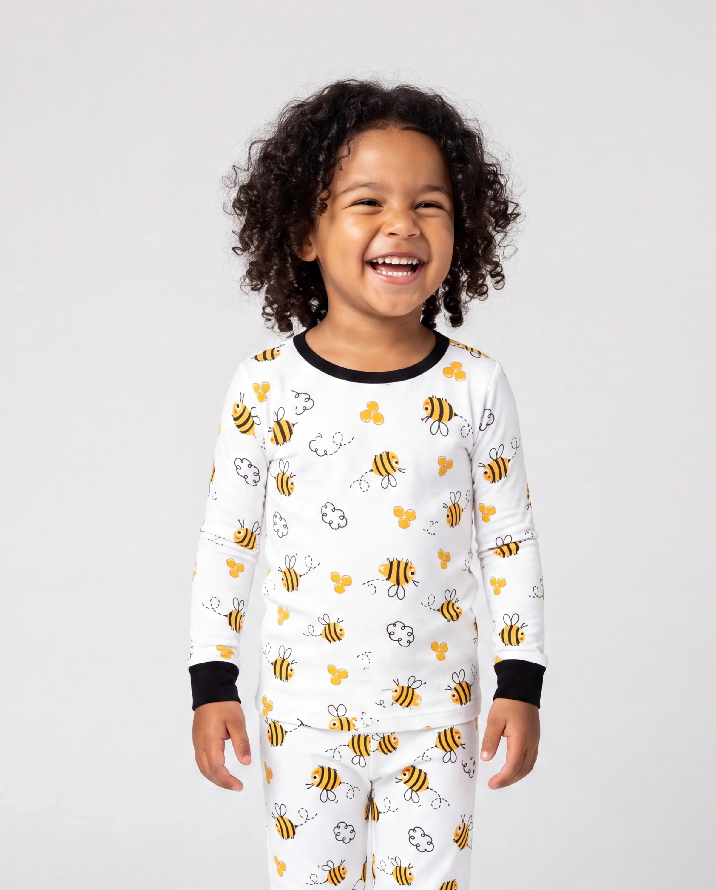 Daddy & Son Bamboo Pajamas Soft Bamboo Viscose PJs for Men Women Kids Toddler, Cute Bee Print Sleepwear with Short Sleeve Top and Long Pants White - Image 3