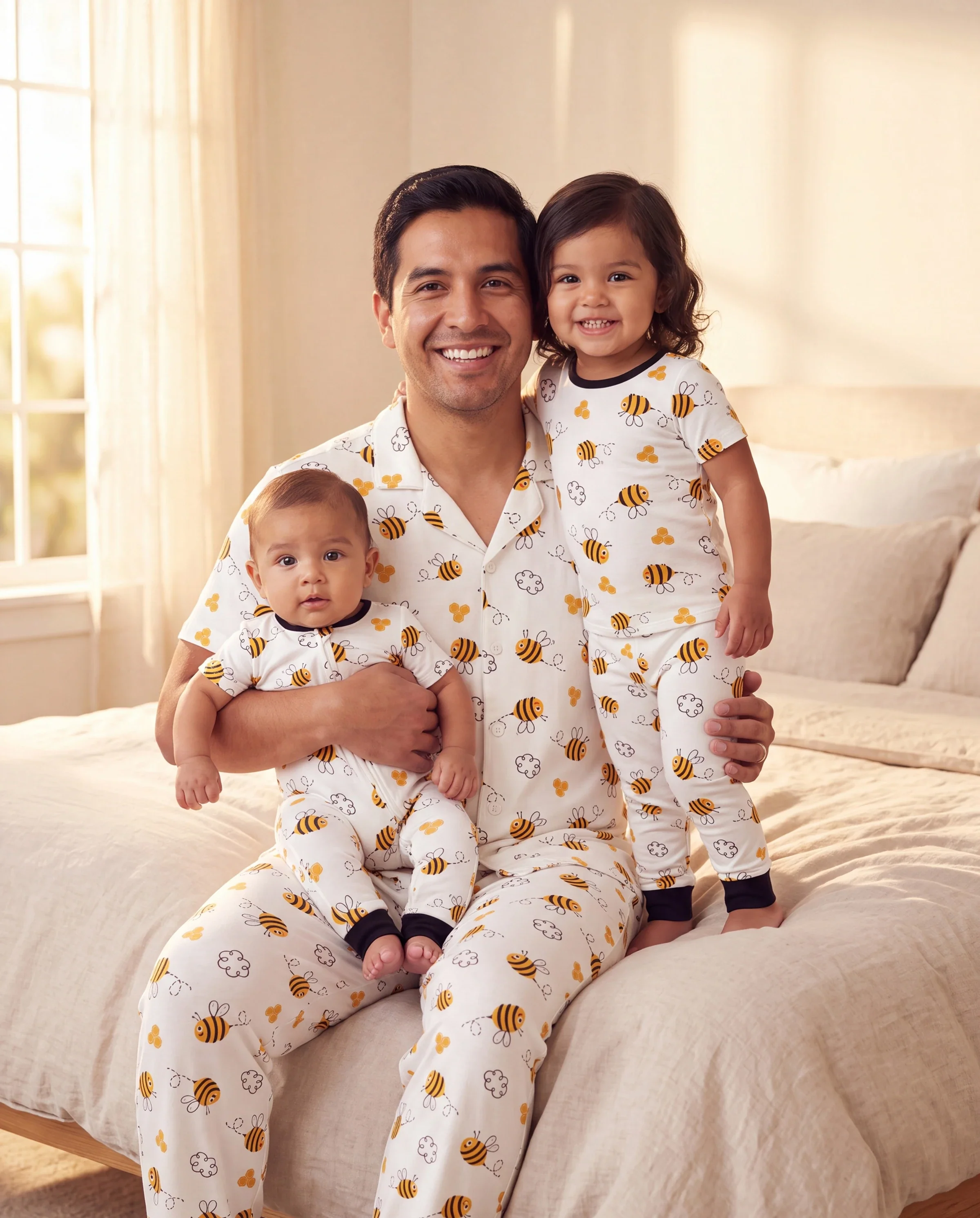 Daddy & Son Bamboo Pajamas Soft Bamboo Viscose PJs for Men Women Kids Toddler, Cute Bee Print Sleepwear with Short Sleeve Top and Long Pants White - Image 9