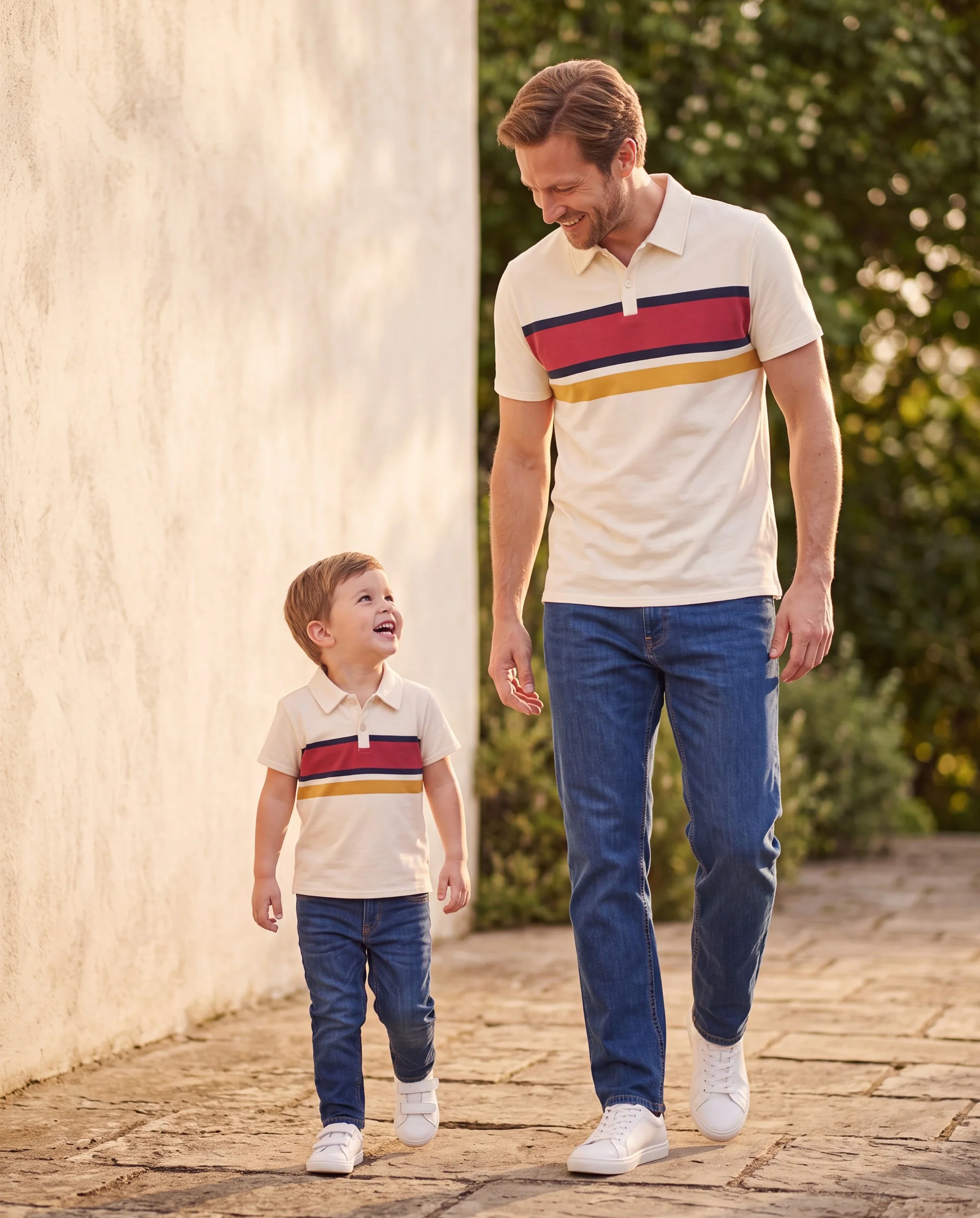 Daddy & Son Casual Outfit Colorblock Polo Collar T-shirt or Floral Print Flutter Sleeveless Dress Set Orange red - Image 8