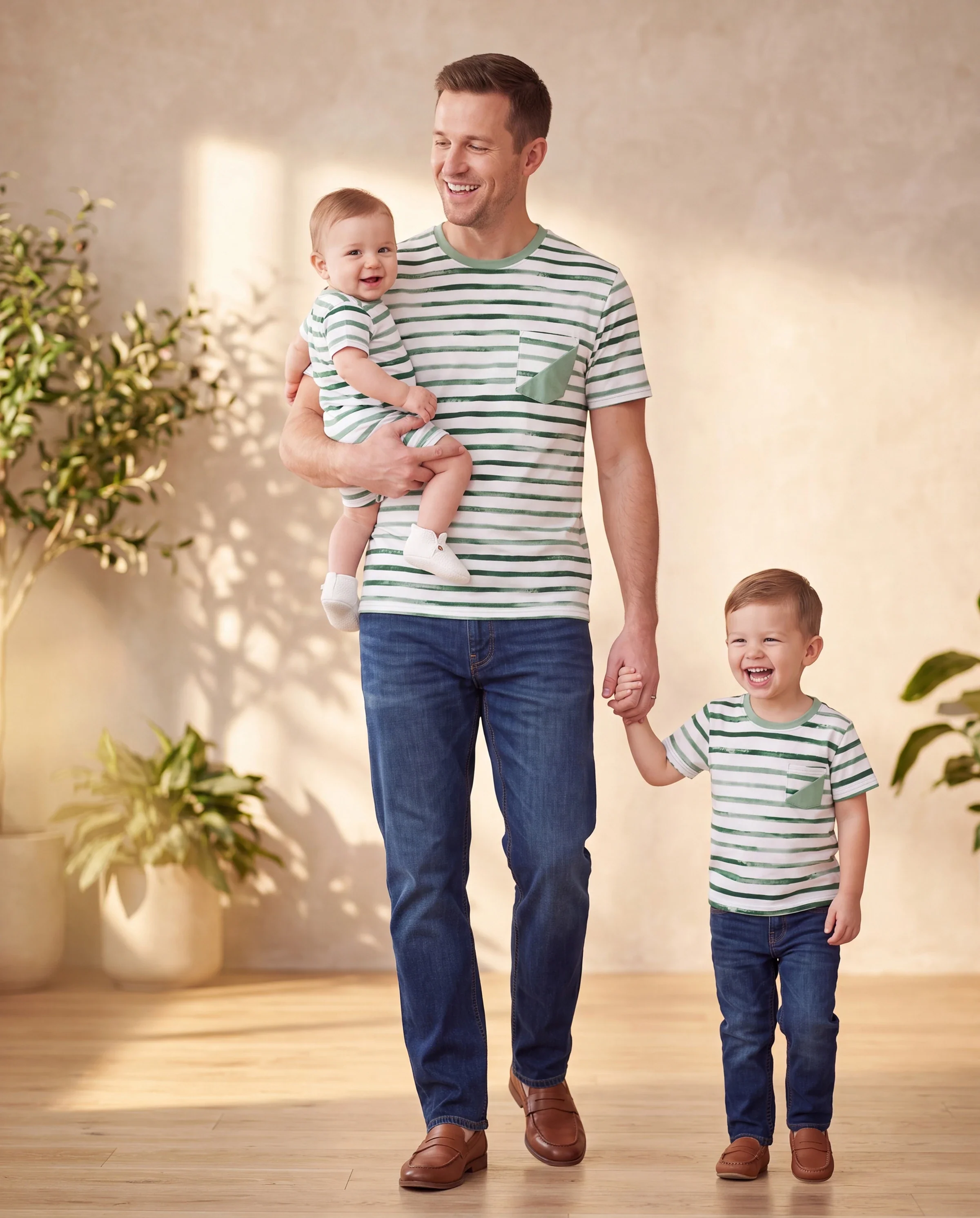 Daddy & Son Cotton Outfits Set Green Striped T-Shirt and Dress Set for Dad, Mom, Kids & Baby, Perfect for Summer Family Outings & Photos Green - Image 9