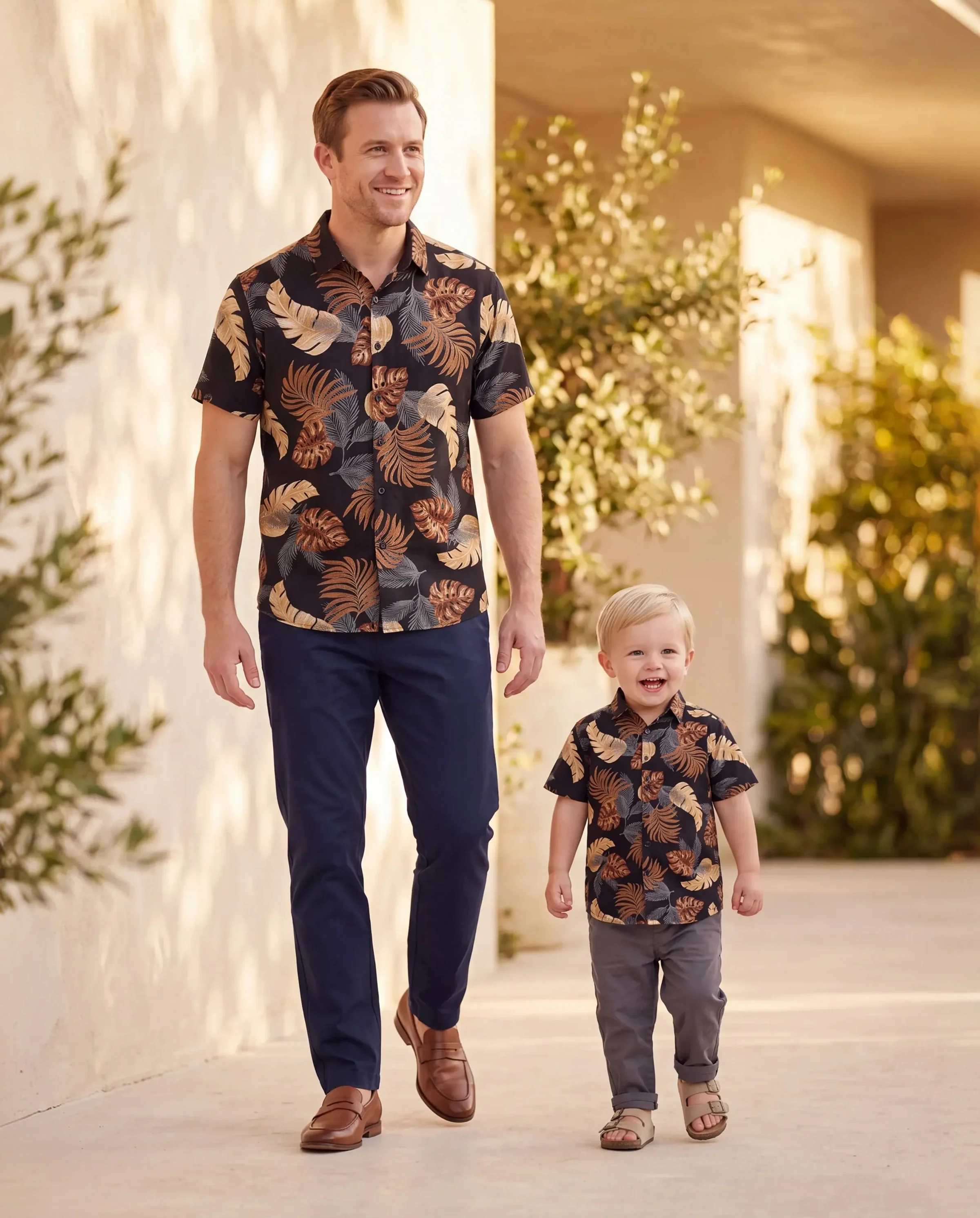 Daddy & Son Floral Print Beach Wear Short-sleeve Shirt Set for Summer Vacation Family Looks Black+White - Image 8