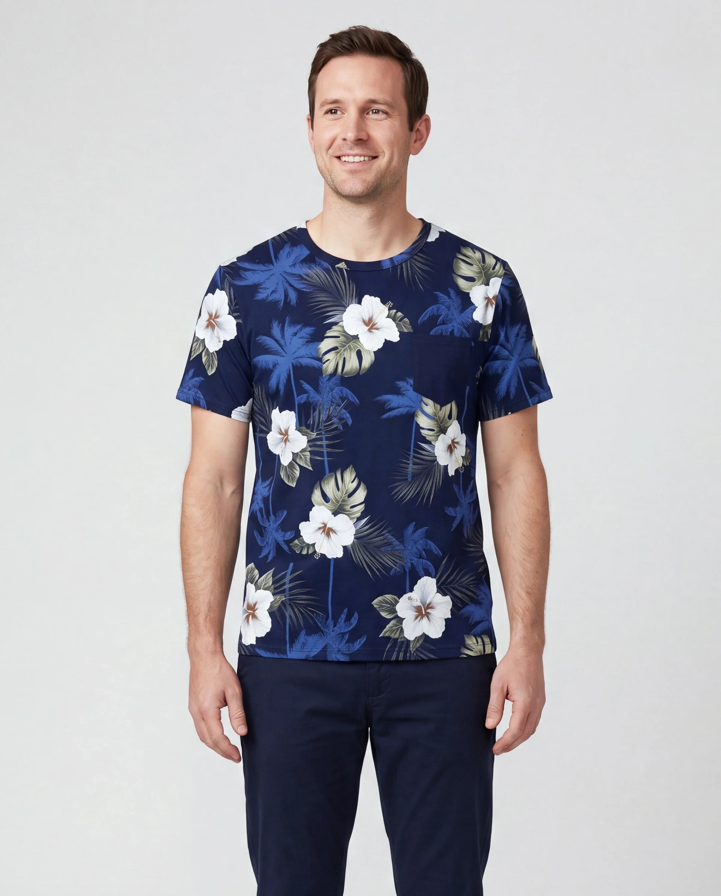 Daddy & Son Floral Print Cotton Top Short-sleeve Shirt Deep Blue - Image 2