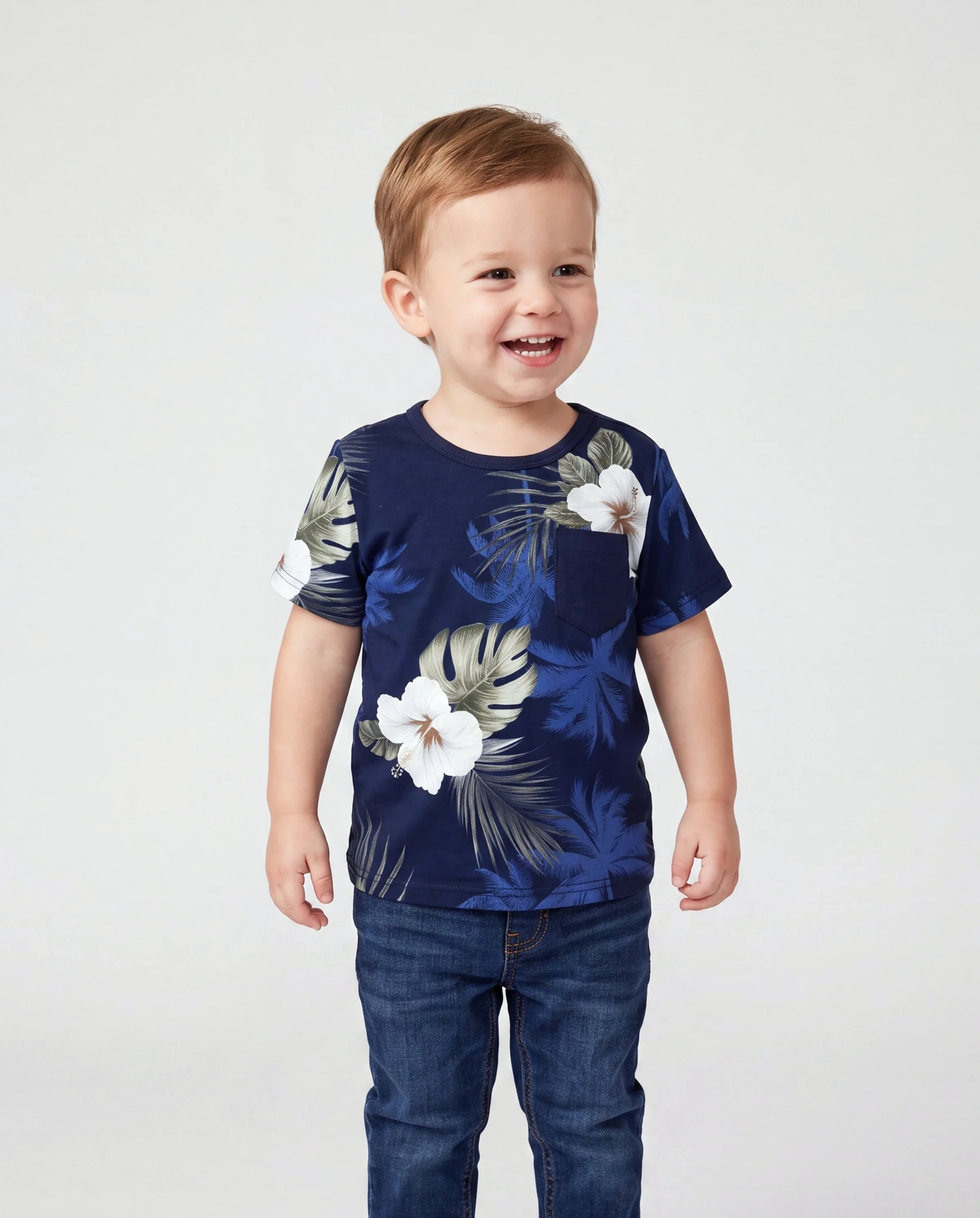 Daddy & Son Floral Print Cotton Top Short-sleeve Shirt Deep Blue - Image 3