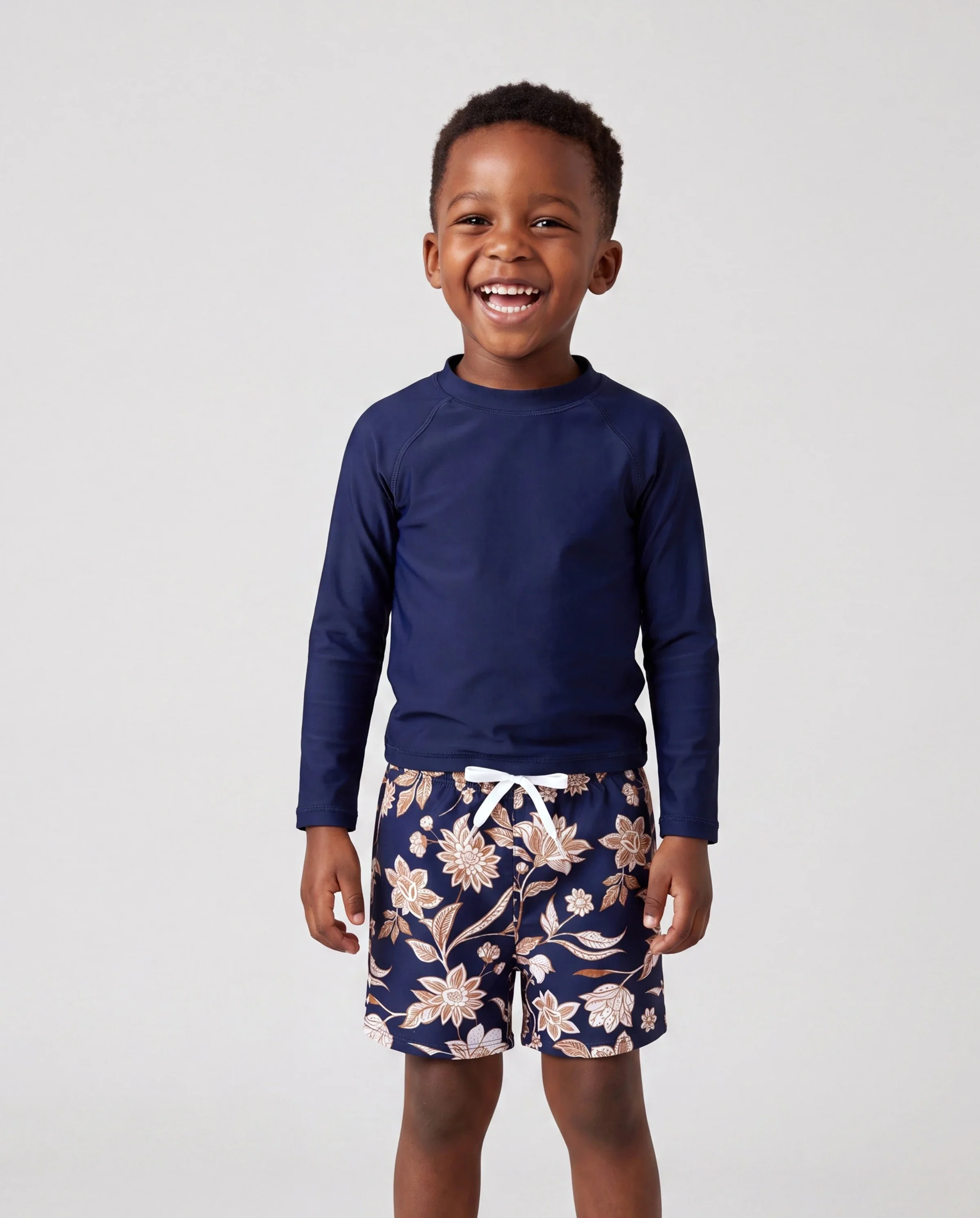 Daddy & Son Floral Print Swimsuits 2-in-1 One-Piece Swimsuit & Swim Trunks Deep Blue - Image 3