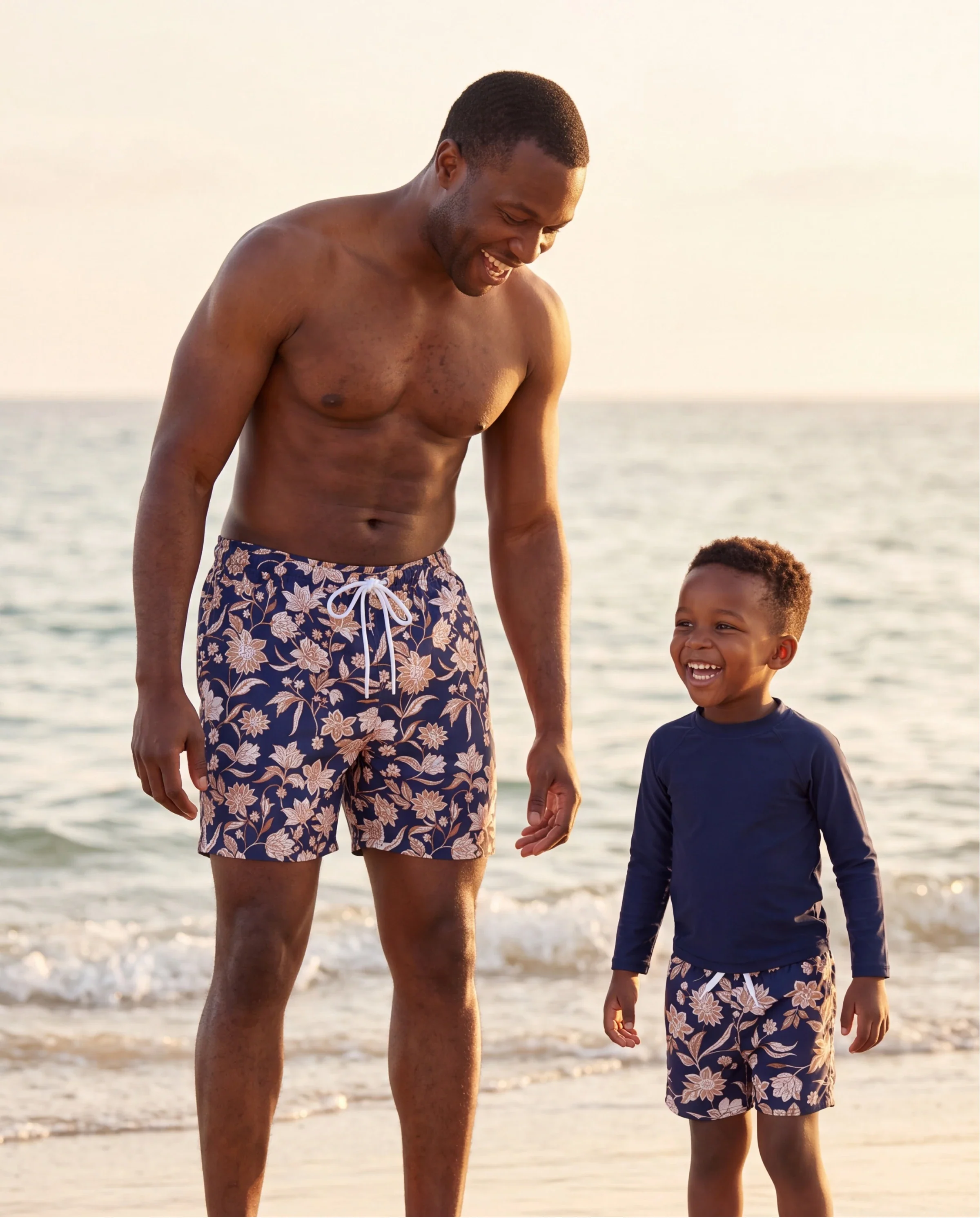 Daddy & Son Floral Print Swimsuits 2-in-1 One-Piece Swimsuit & Swim Trunks Deep Blue - Image 8