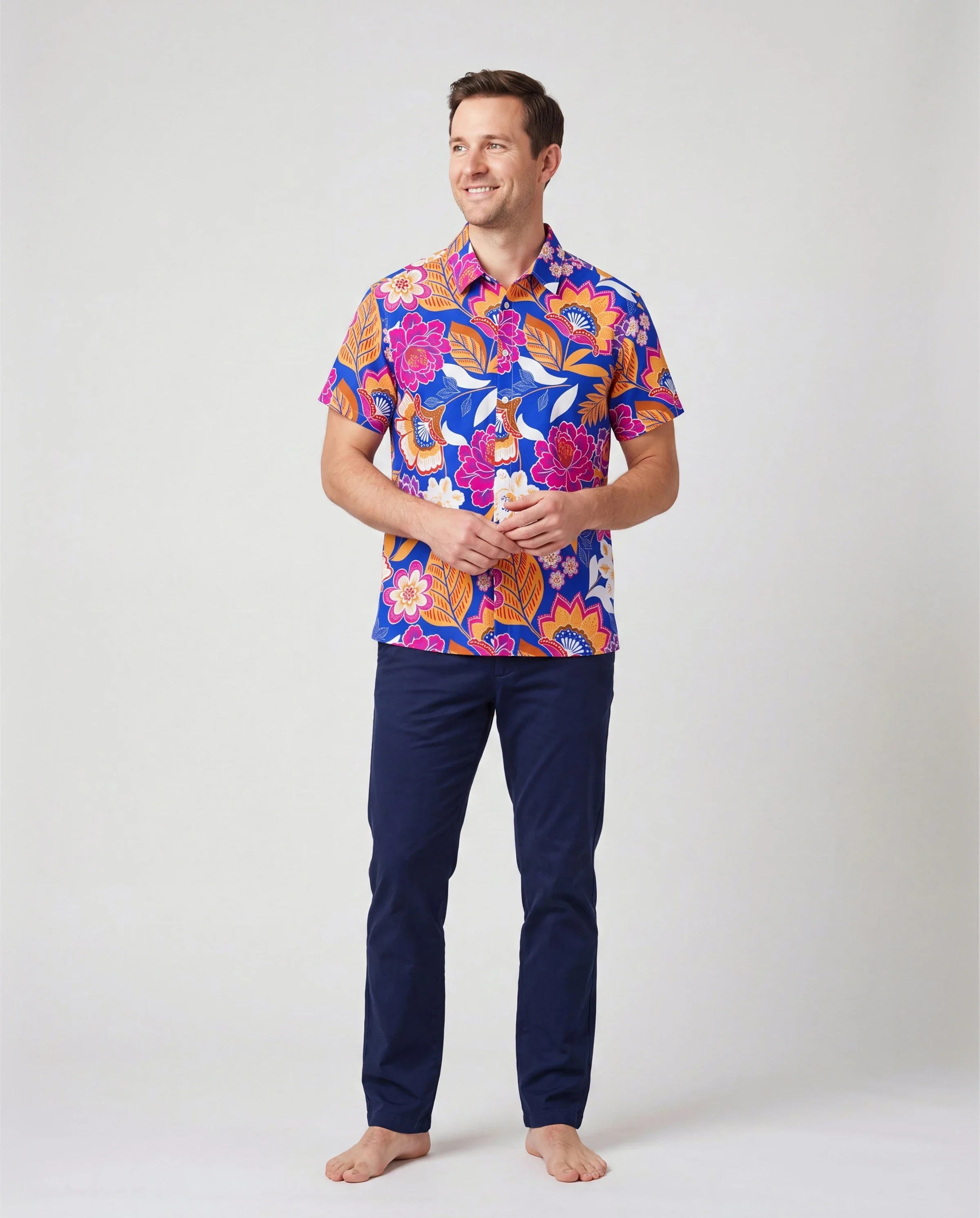 Daddy & Son Hawaiian Outfits Tropical Floral Print Vacation Clothes Short-sleeve Shirts Summer Beachwear Set Navy - Image 2