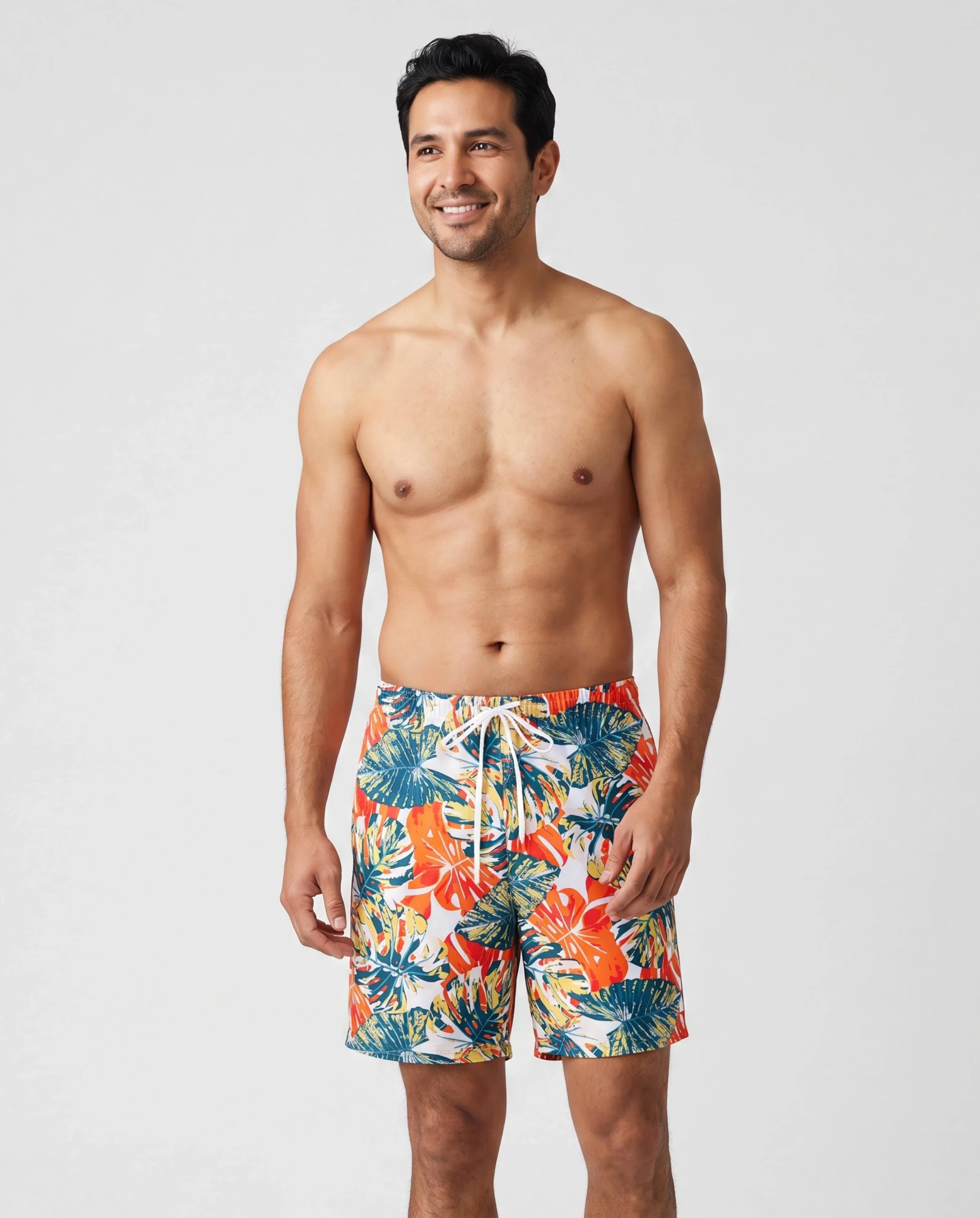 Daddy & Son Orange and All Over Tropical Plant Print Splicing Ruffle Swim Trunks Shorts Orange color - Image 2