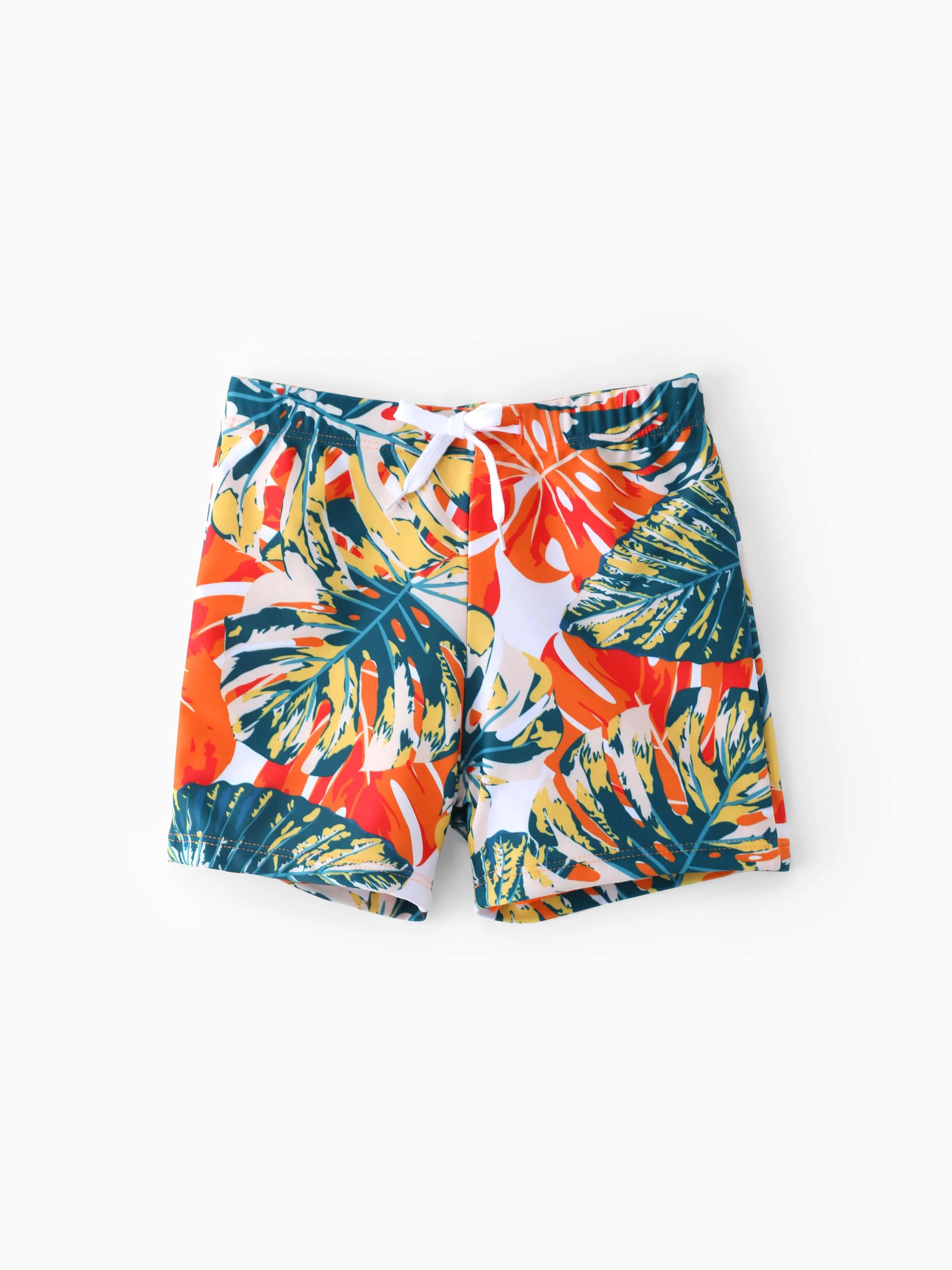 Daddy & Son Orange and All Over Tropical Plant Print Splicing Ruffle Swim Trunks Shorts Orange color - Image 3