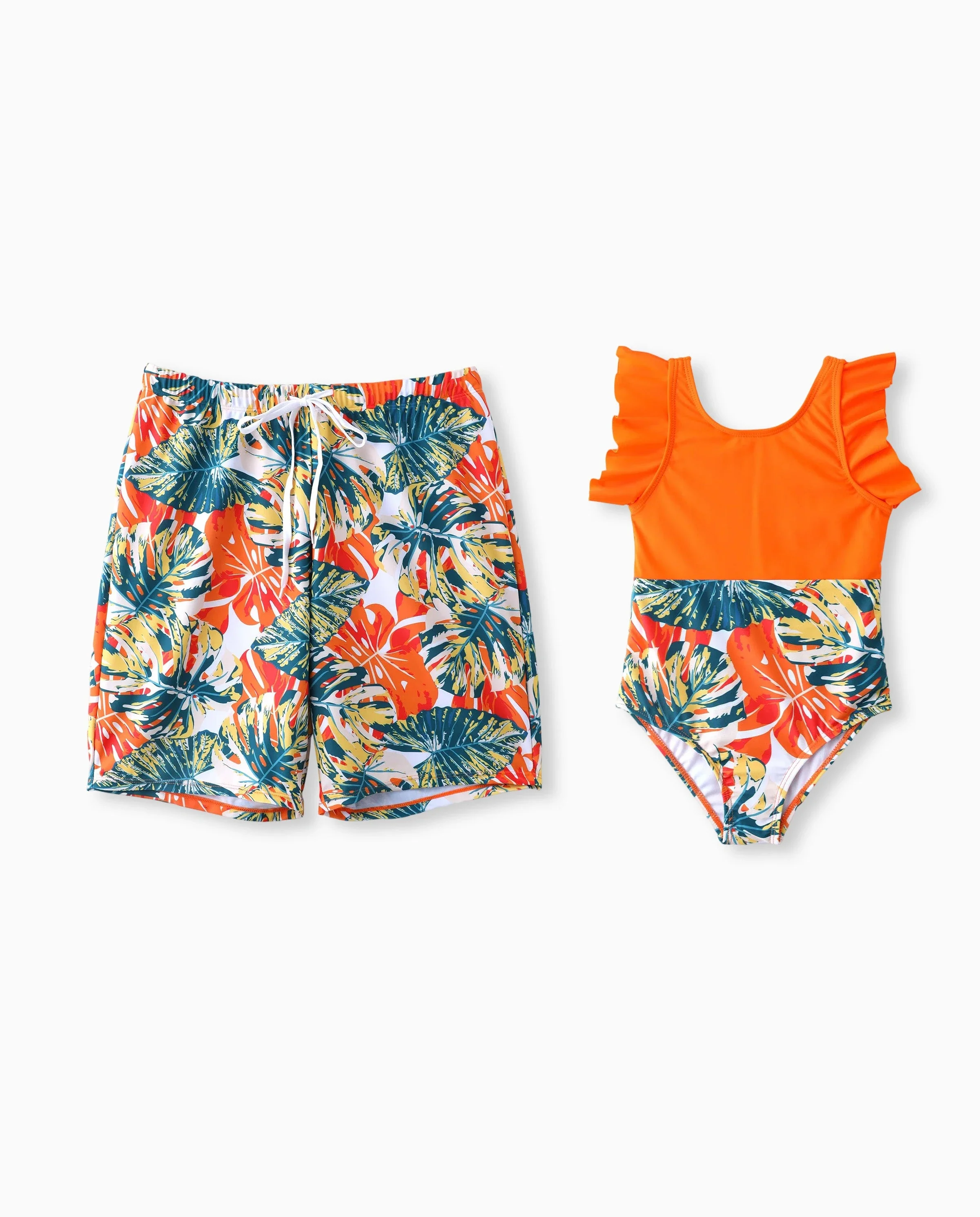 Daddy & Son Orange and All Over Tropical Plant Print Splicing Ruffle Swim Trunks Shorts Orange color - Image 5