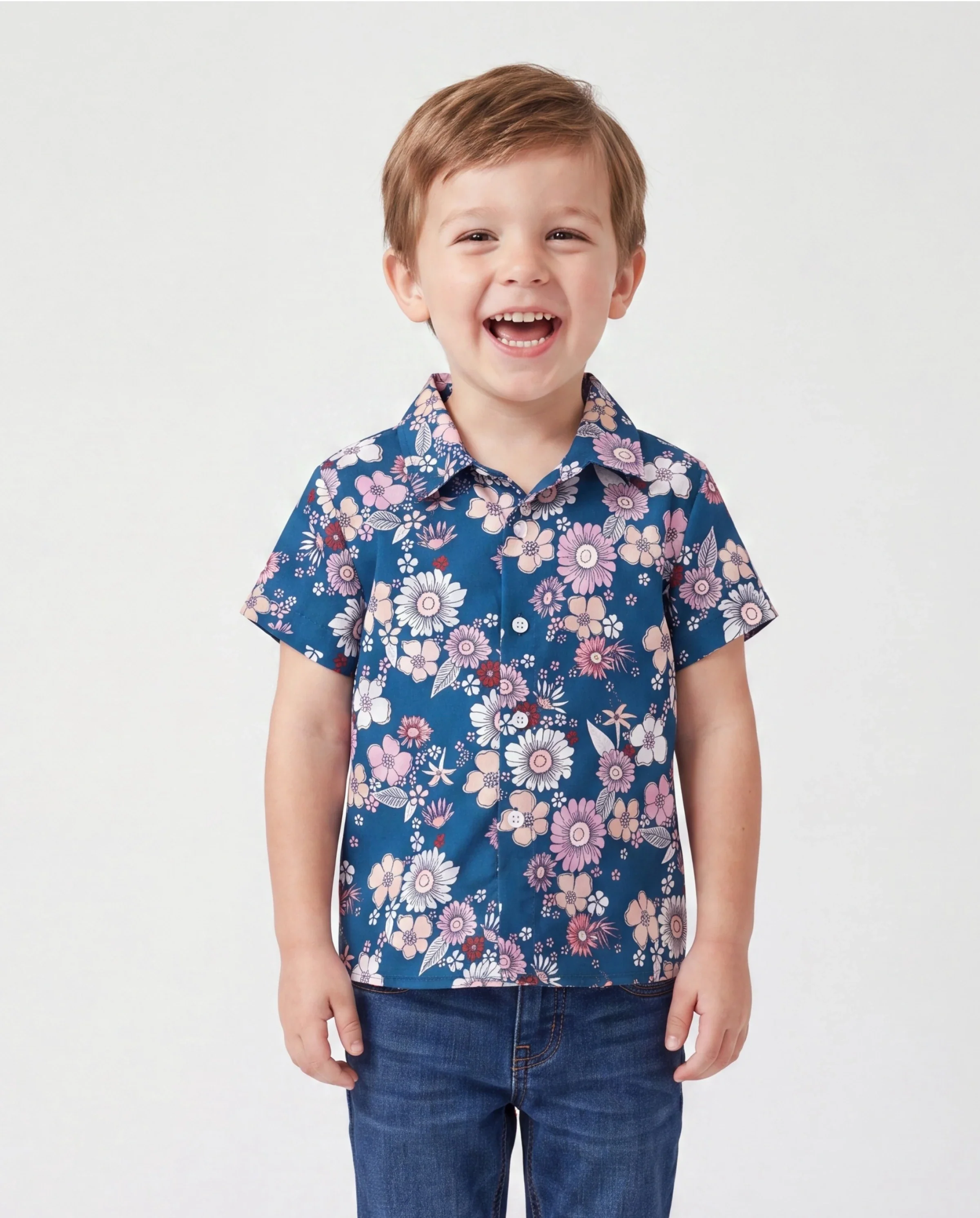 Daddy & Son outfits Floral Allover Print Short-sleeve Collar Shirt or Halter Sleeveless Dress for Summer Vacation CYAN- - Image 3