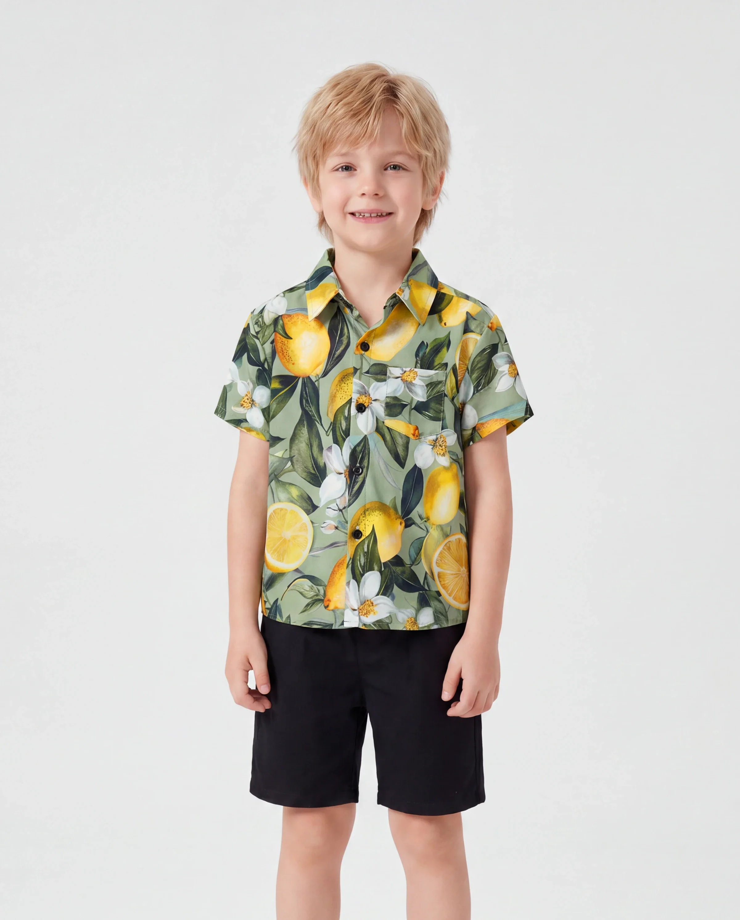 Daddy & Son Outfits – Lemon Print Hawaiian Shirts  – Tropical Vacation Clothes for Men & Kids Green - Image 3