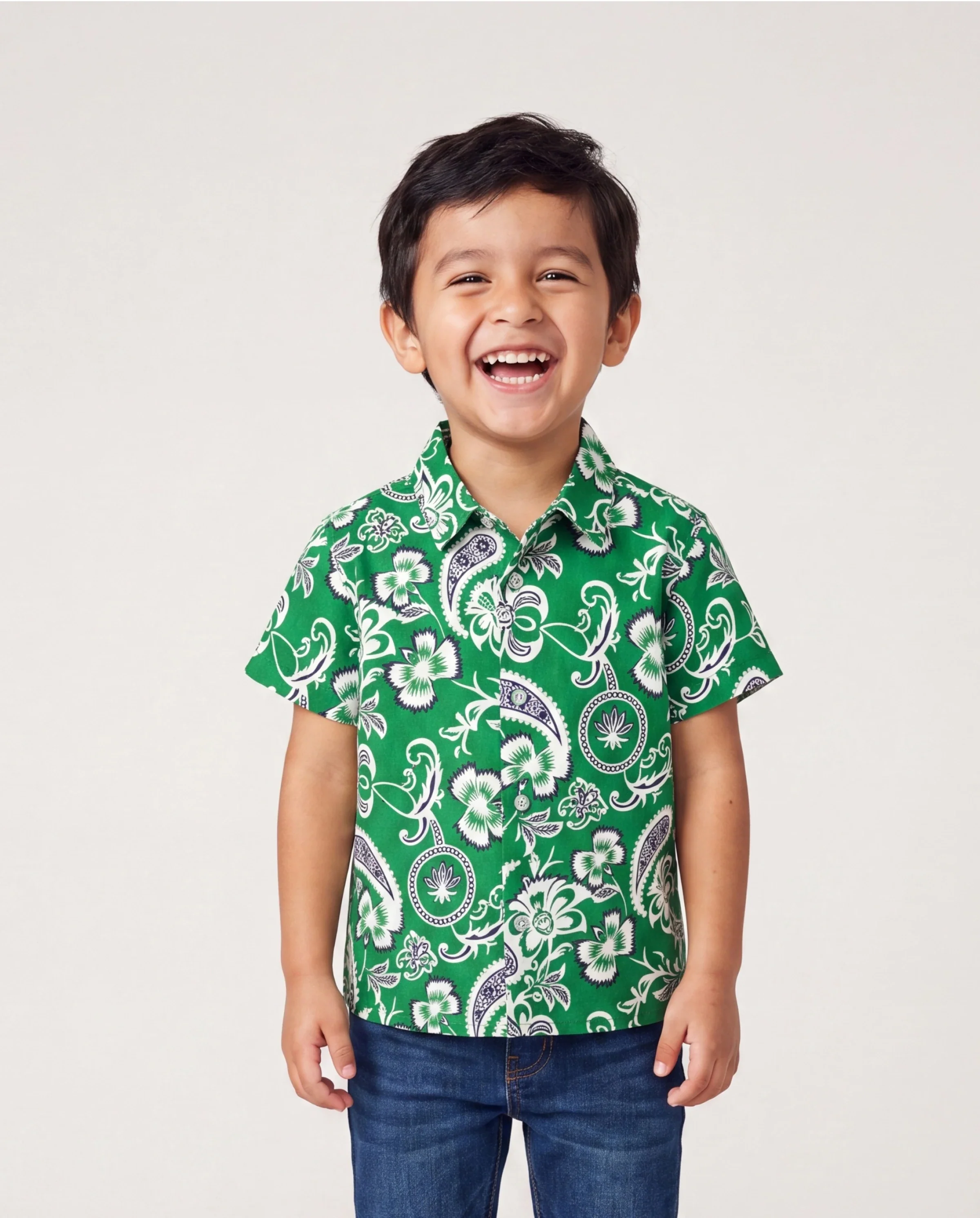 Daddy & Son Outfits Set Floral Print Short-sleeve Collar Shirt or Strappy Smocked Dress for Summer Vacation Green - Image 3