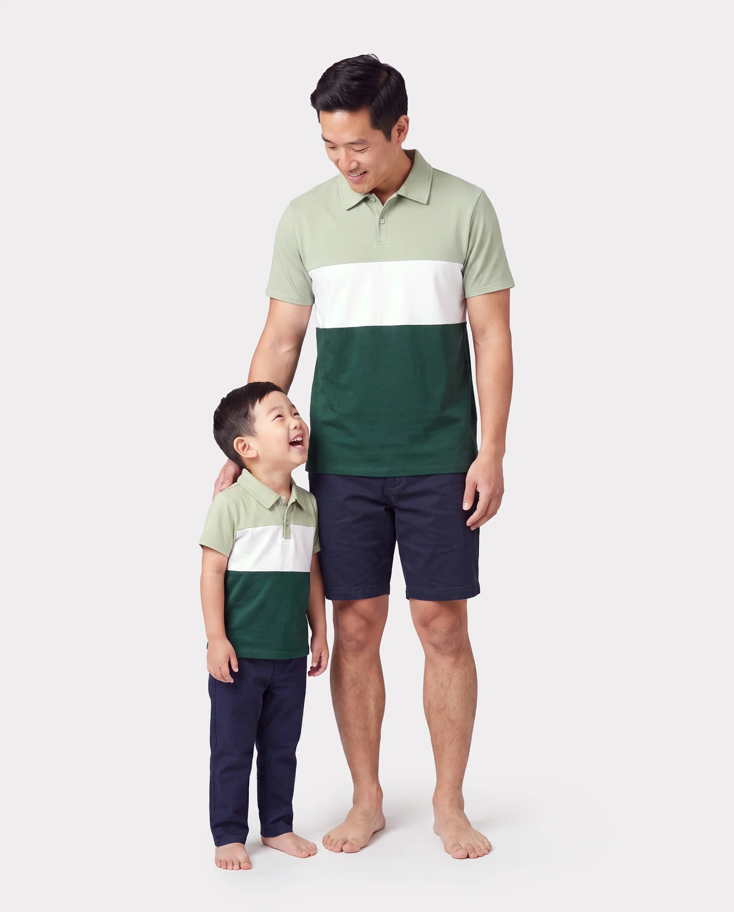Daddy & Son Outfits Tropical Floral Print Strap Dress or Short-sleeve Colorblock Shirts Set Pale Green