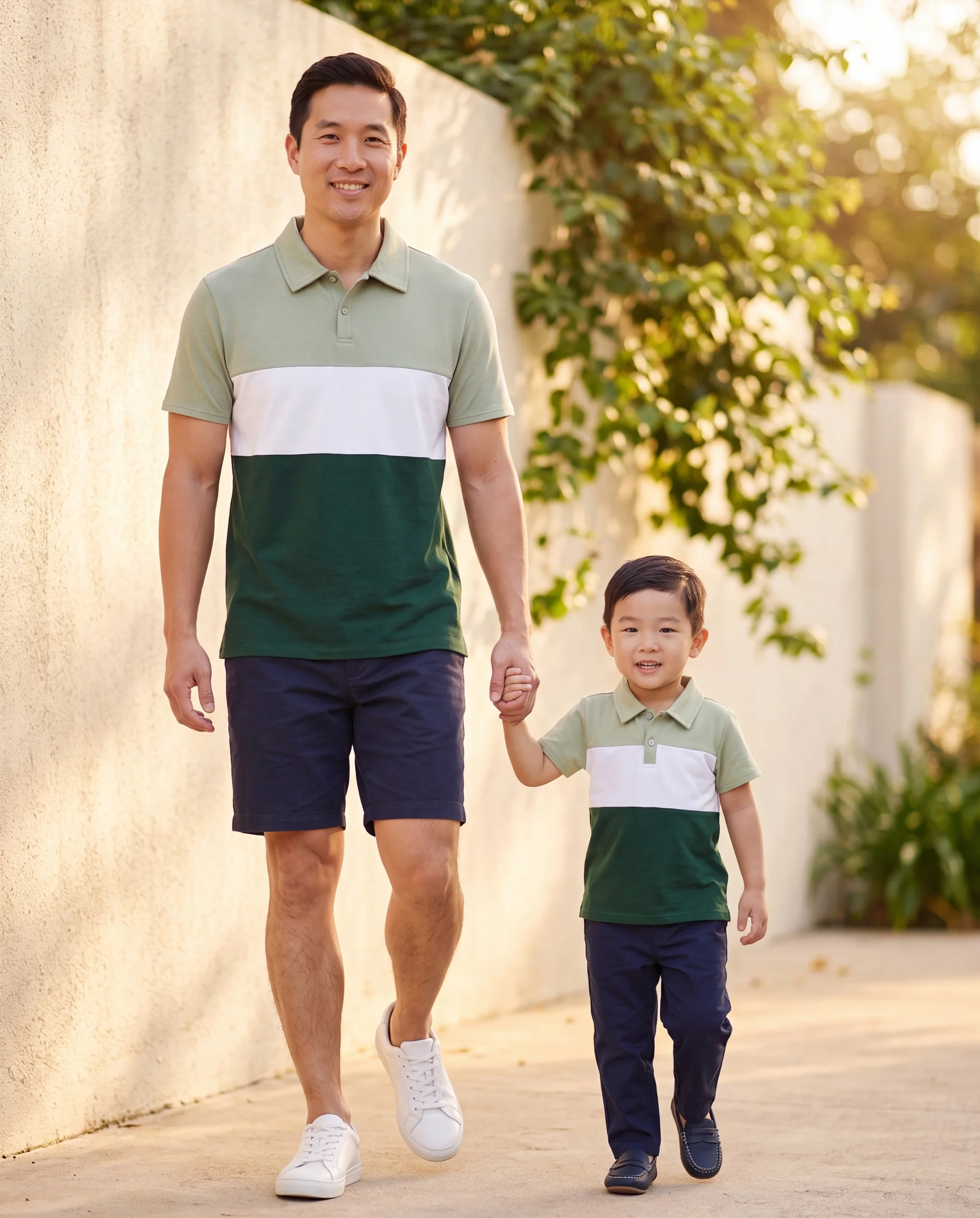 Daddy & Son Outfits Tropical Floral Print Strap Dress or Short-sleeve Colorblock Shirts Set Pale Green - Image 8