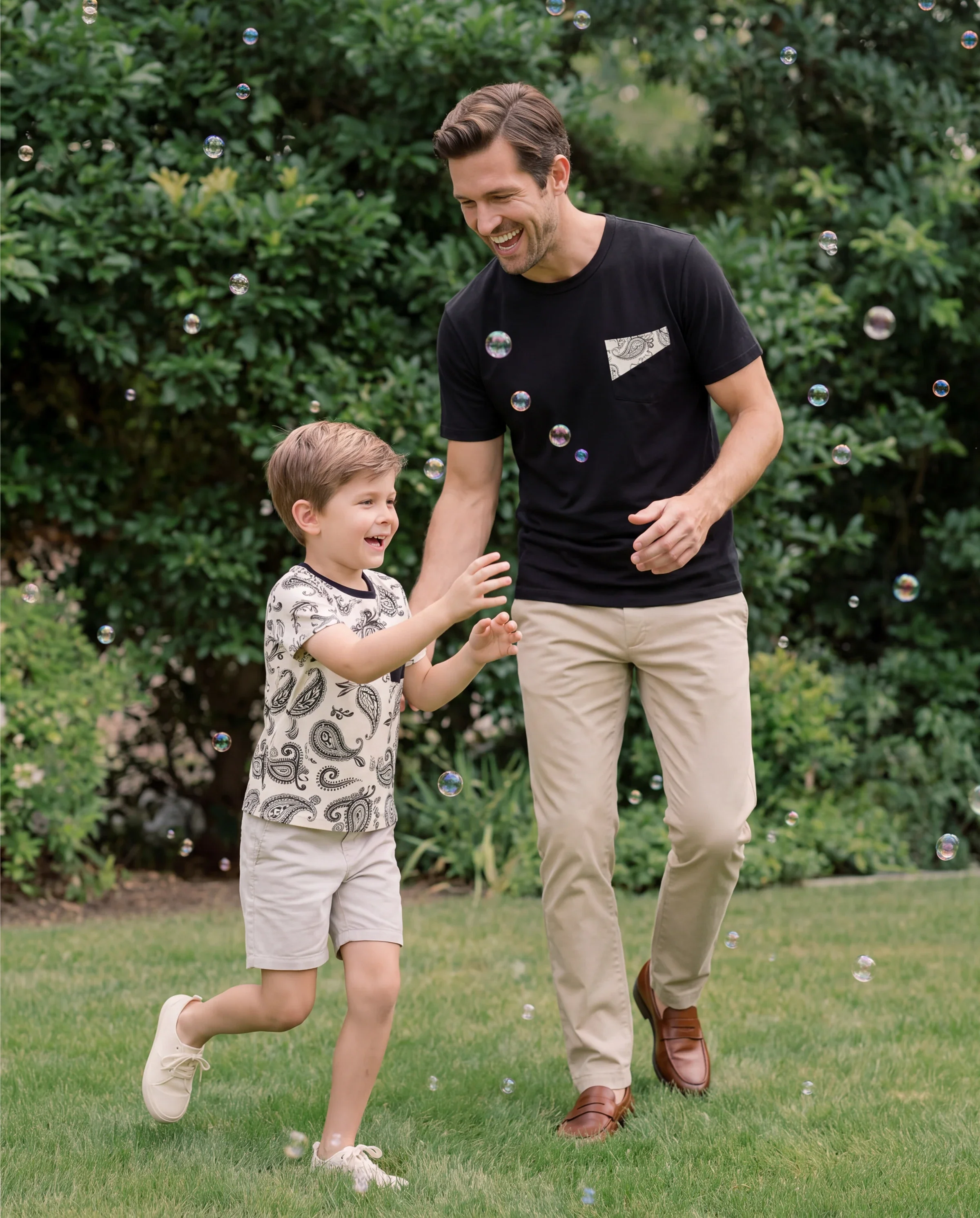 Daddy & Son Paisley Print Outfits Sleeveless Spaghetti Strap Dress & Cotton T-Shirt for Mom, Dad, & Kids Perfect for Family Outings & Photos Black - Image 8