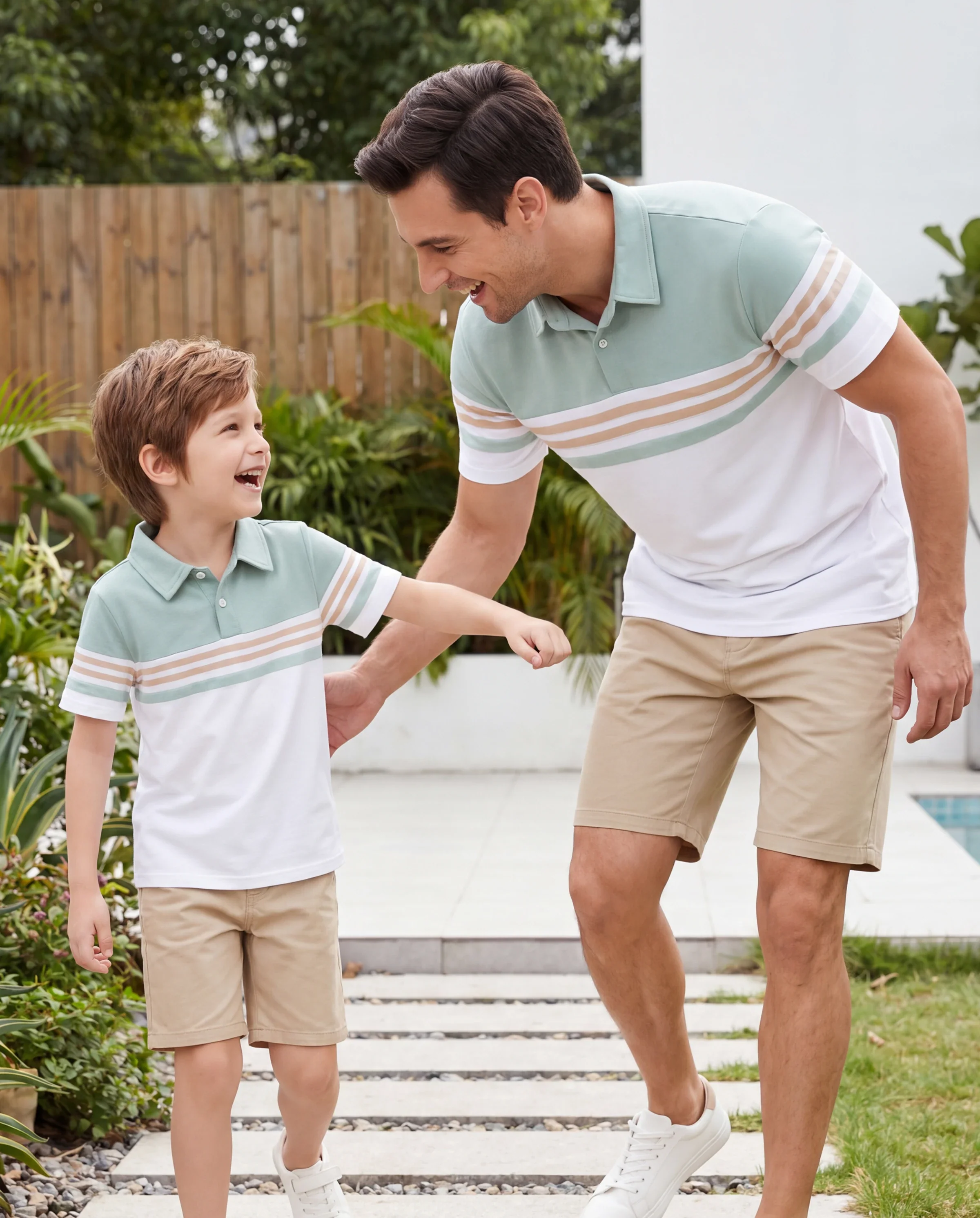 Daddy & Son Sets Green Striped Polo Shirt Light Green - Image 8