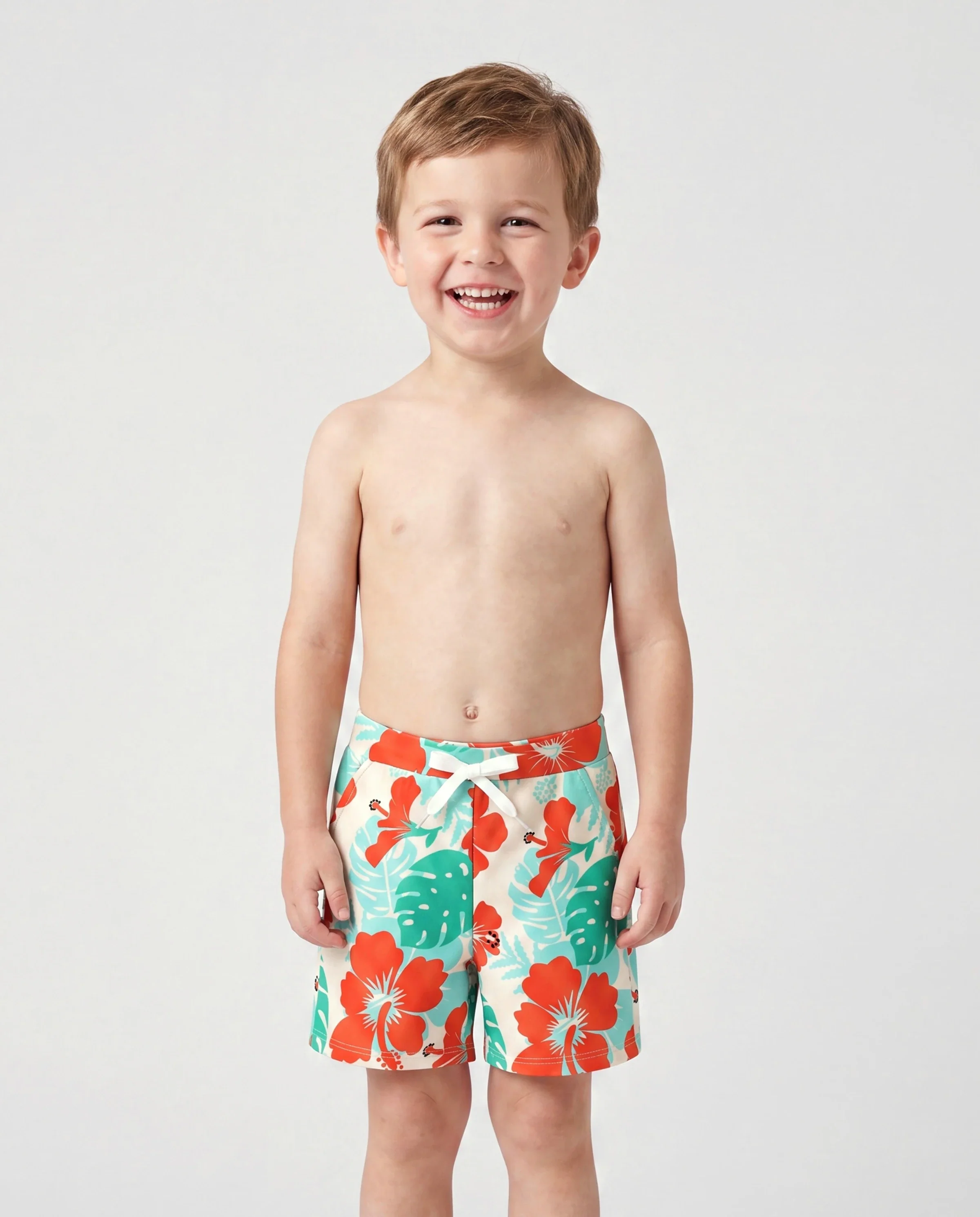 Daddy & Son Tropical Floral Print Swim Trunk or Ruffle Trim Bikini with Optional Beach Cover-Up Dress Orange - Image 2