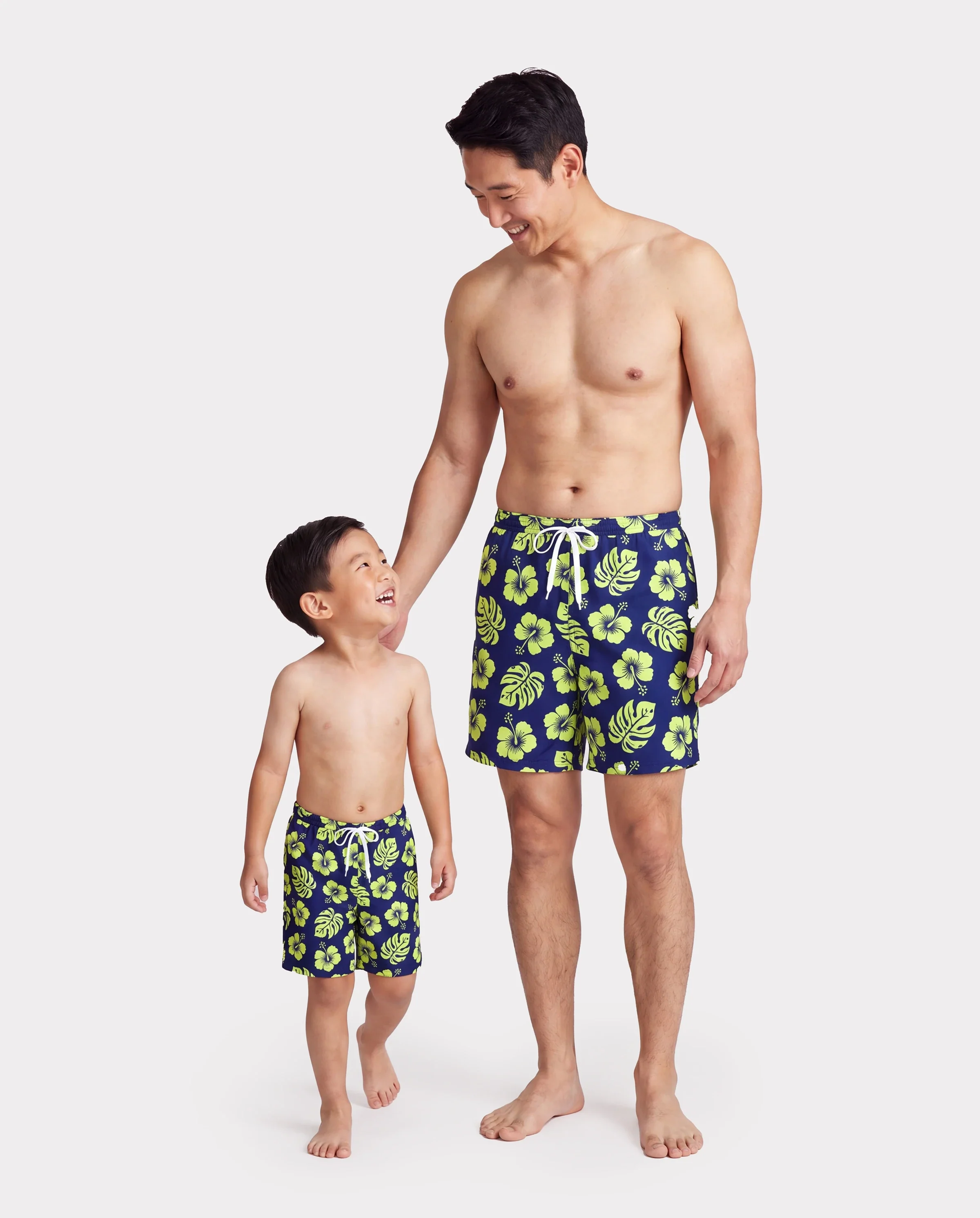 Daddy & Son Tropical Floral Swimsuits Halter Bikini & Swim Trunks Set Deep Blue