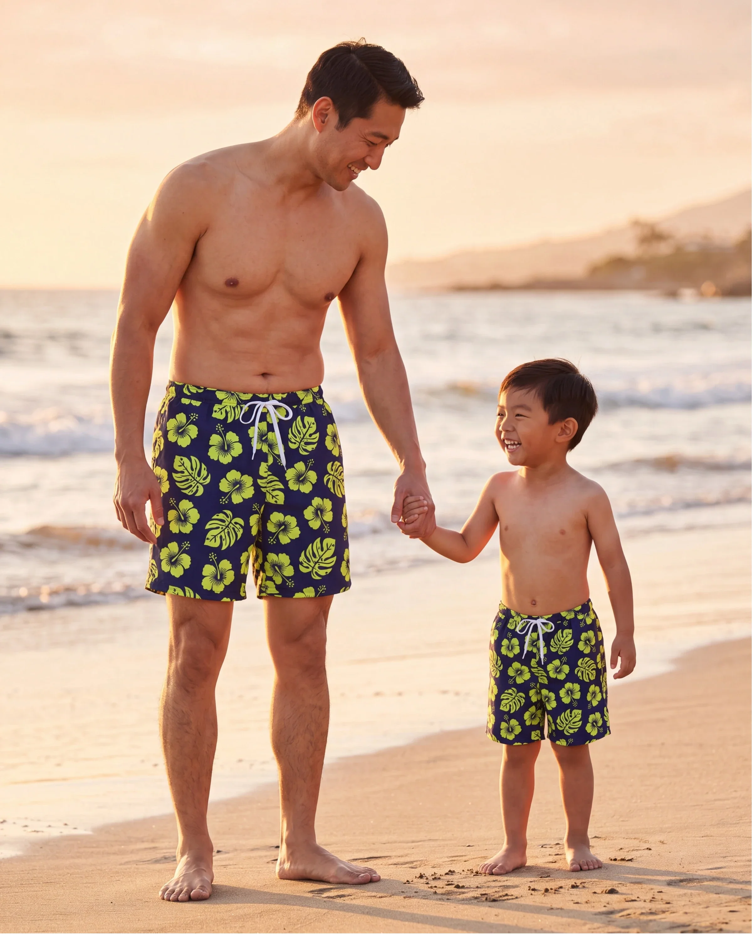 Daddy & Son Tropical Floral Swimsuits Halter Bikini & Swim Trunks Set Deep Blue - Image 8
