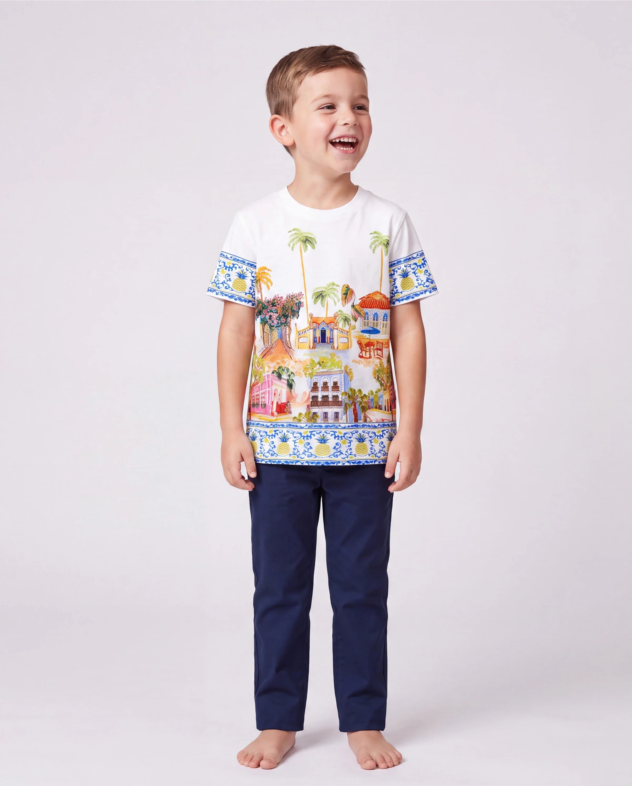 Daddy & Son Vacation Set Tropical Pineapple Coconut Tree Print Short-sleeve T-shirt or Hollow out Strap Dress for Summer Vacation White - Image 3