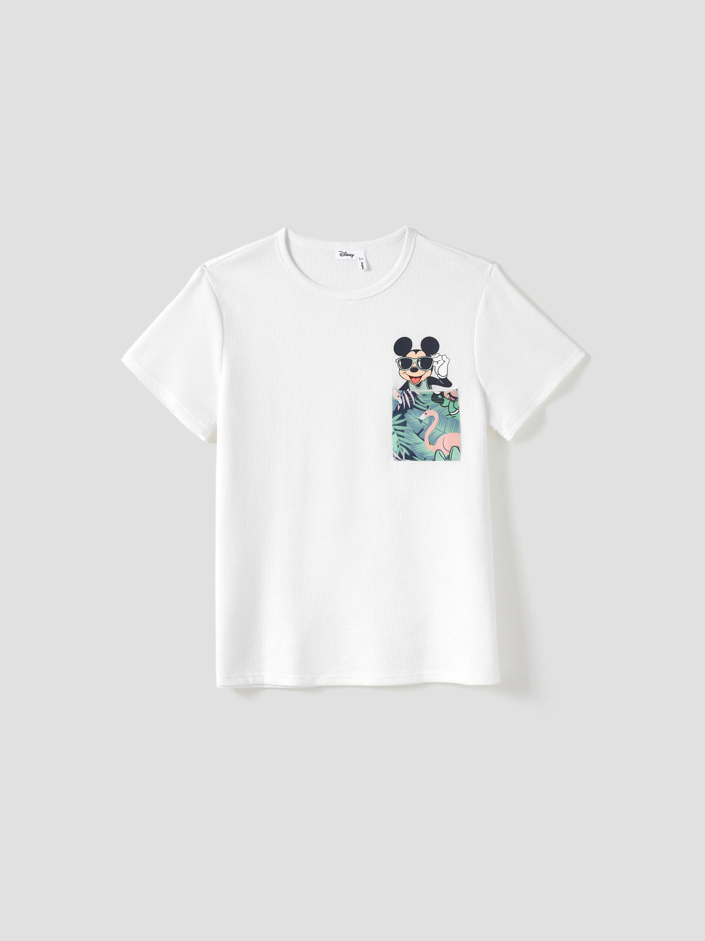 Disney Mickey and Friends Daddy & Son Tropical Botanical Print Waffle Fabric T-shirt greenwhite
