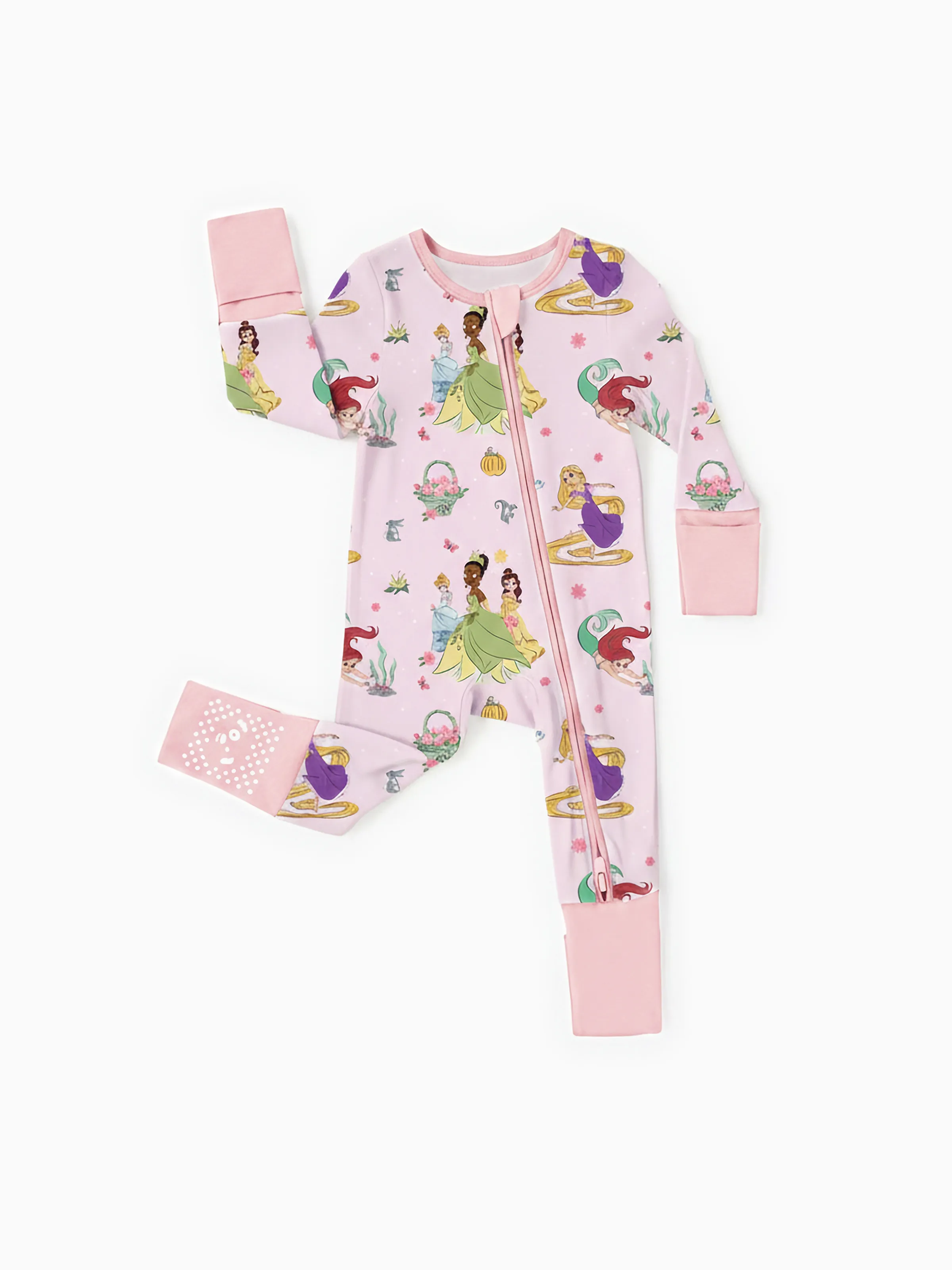 Disney Princess Bamboo Baby Girl Ariel/Belle/Tiana 2-Way Zip Onesies Anti Slip Long-sleeve Footie Pink - Image 3