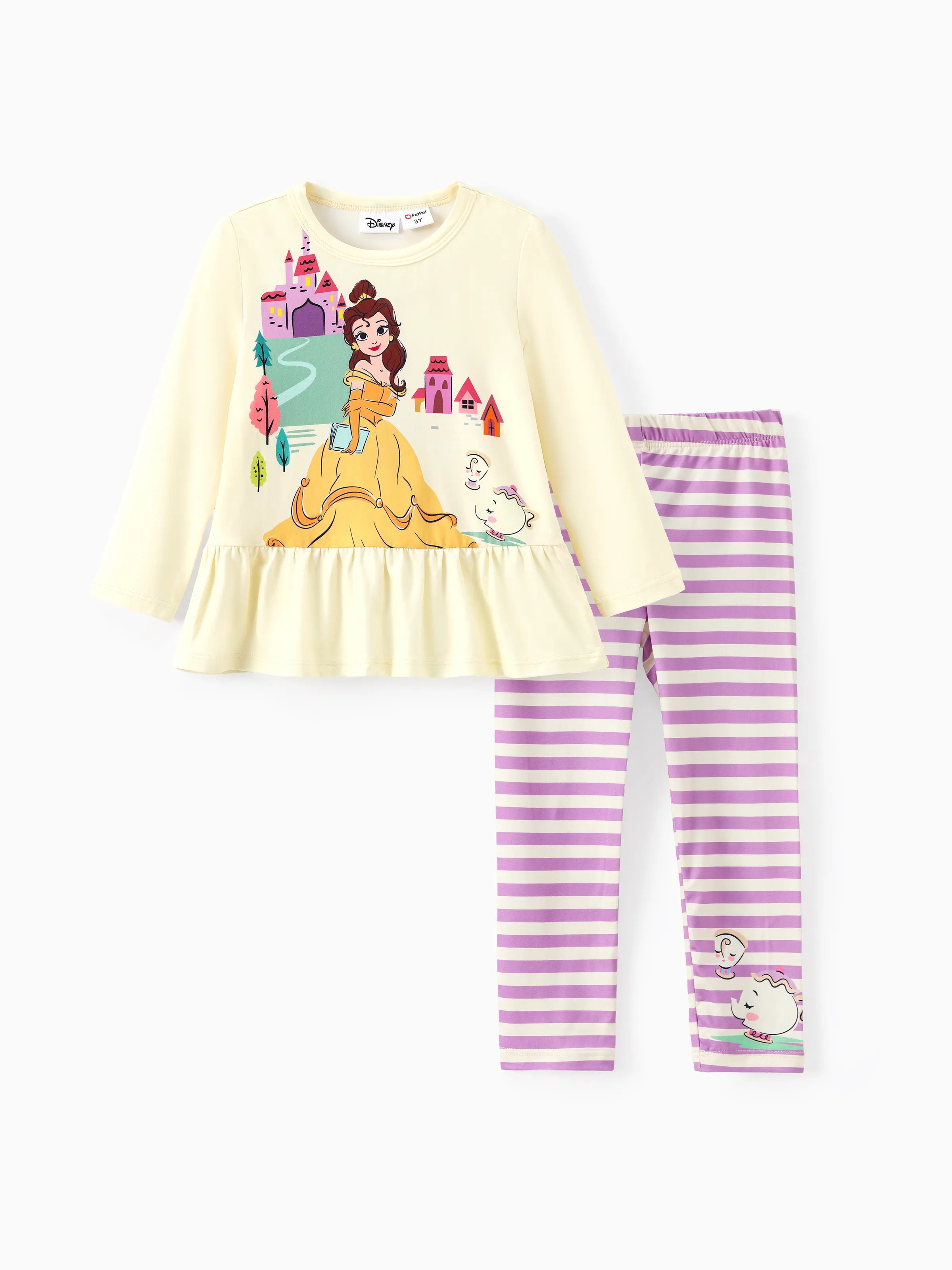 Disney Princess Toddler Girl 2pcs Belle Print Peplum Tee and Stripe Pants Set Yellow