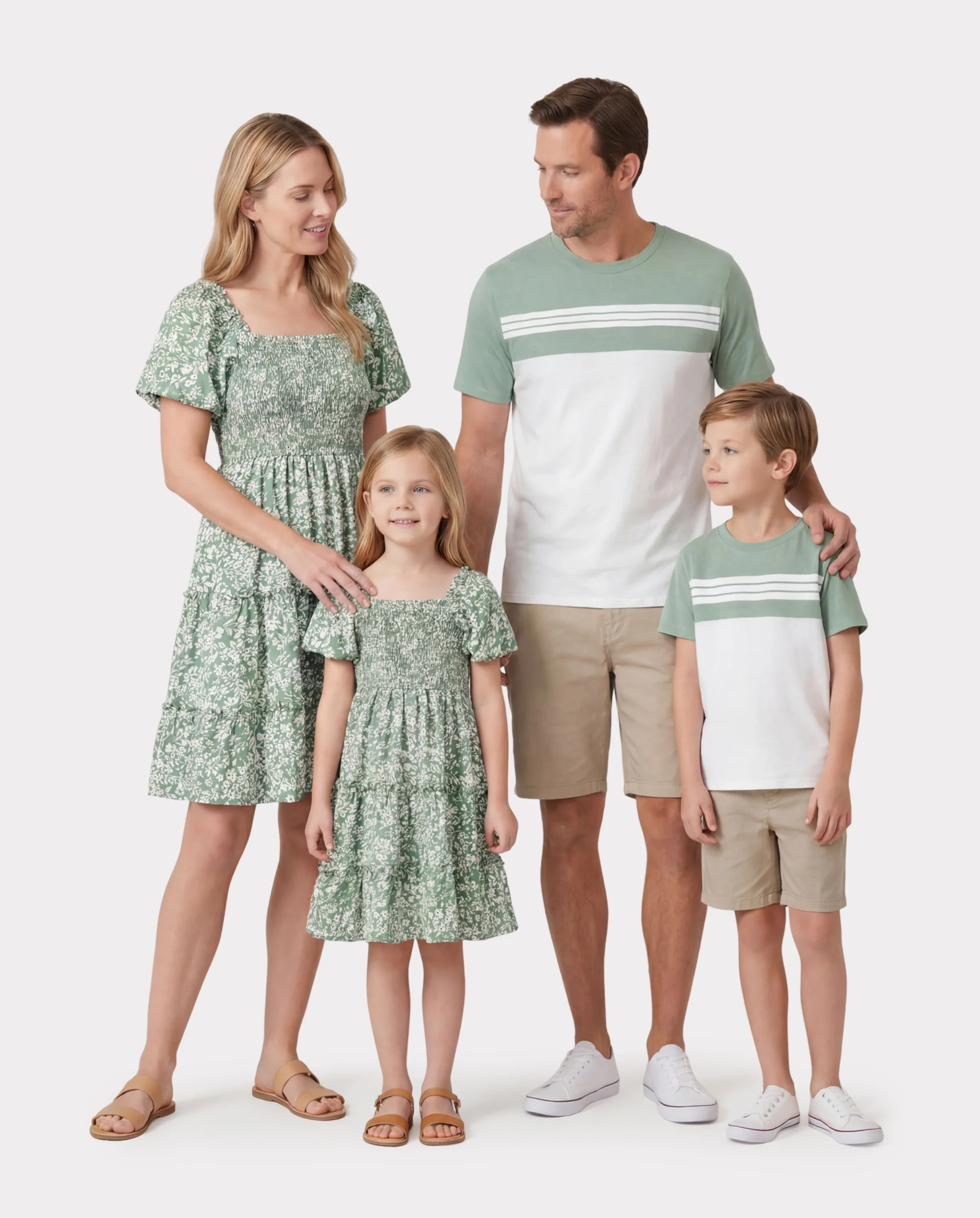 Elegant Broken Flower Matching Outfits for Family, Smocking Design, Medium Thickness Green