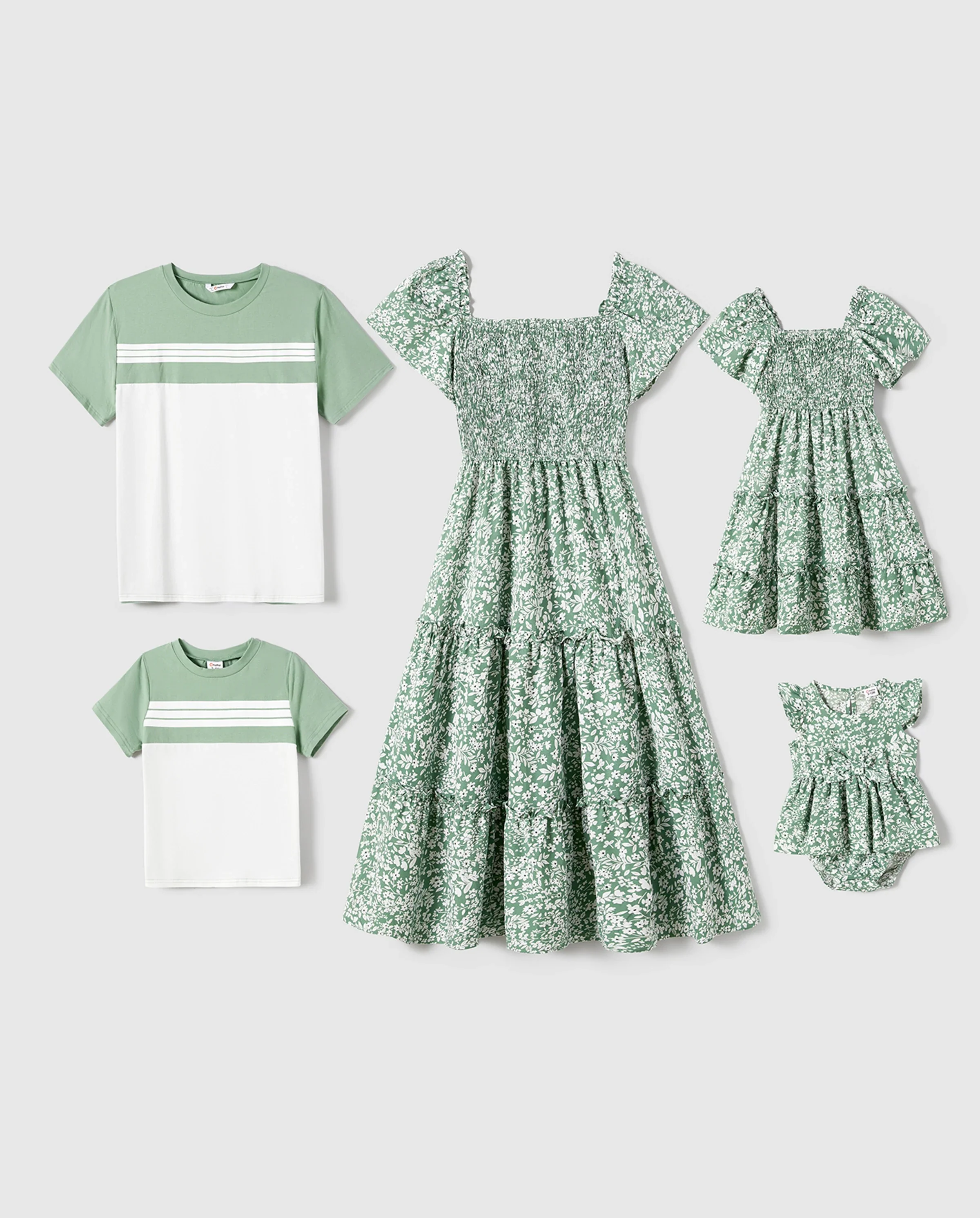 Elegant Broken Flower Matching Outfits for Family, Smocking Design, Medium Thickness Green - Image 10