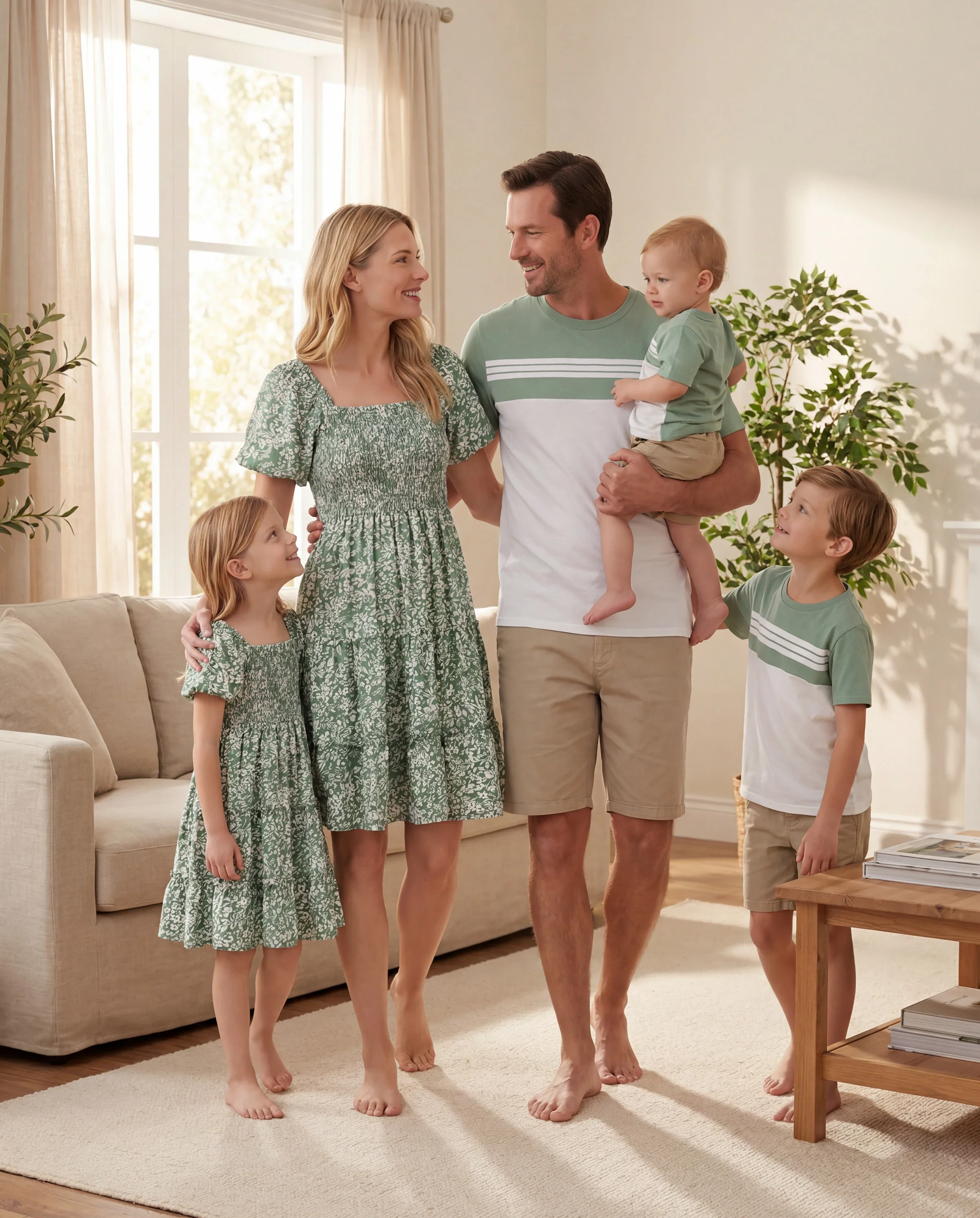 Elegant Broken Flower Matching Outfits for Family, Smocking Design, Medium Thickness Green - Image 11