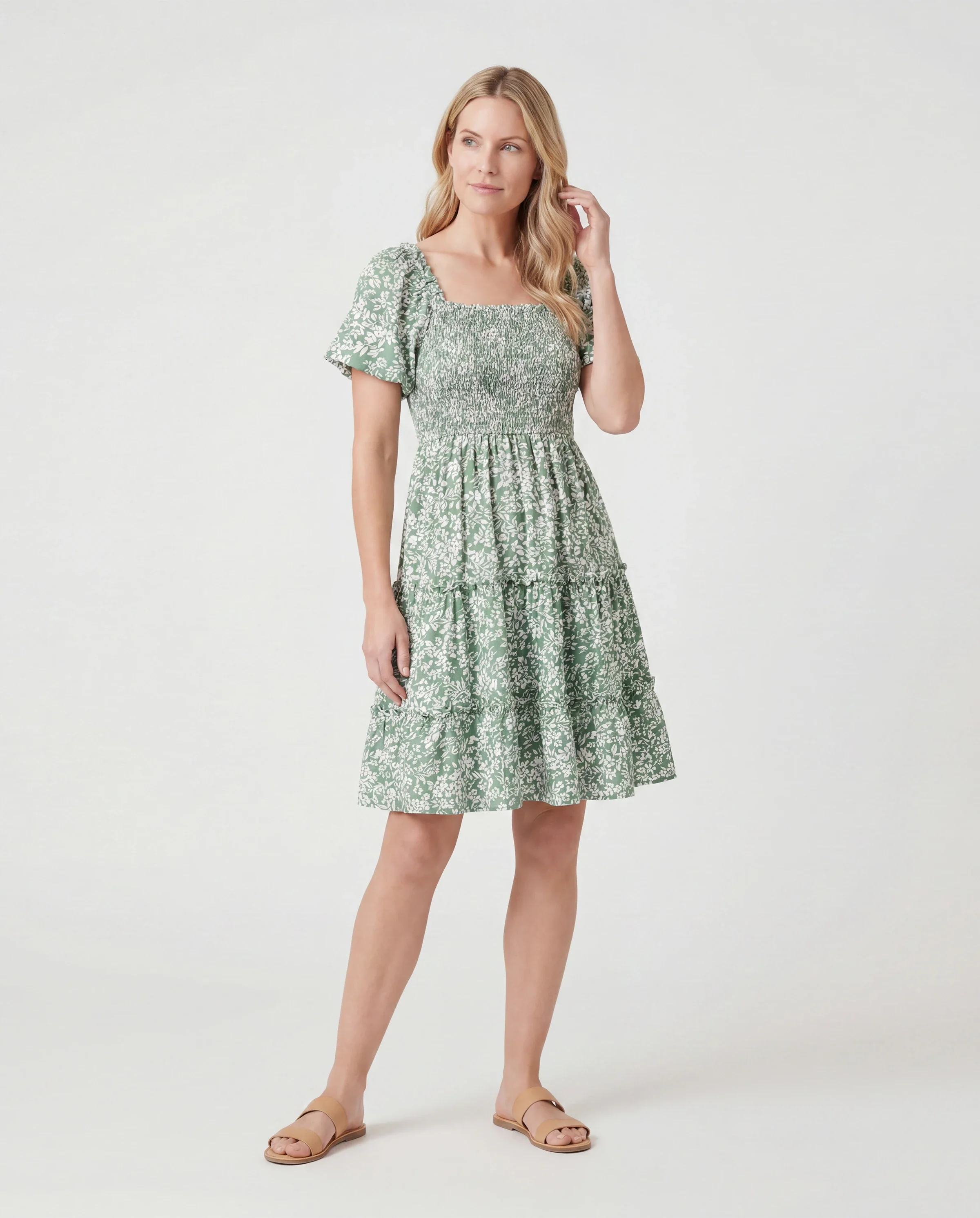 Elegant Broken Flower Matching Outfits for Family, Smocking Design, Medium Thickness Green - Image 2