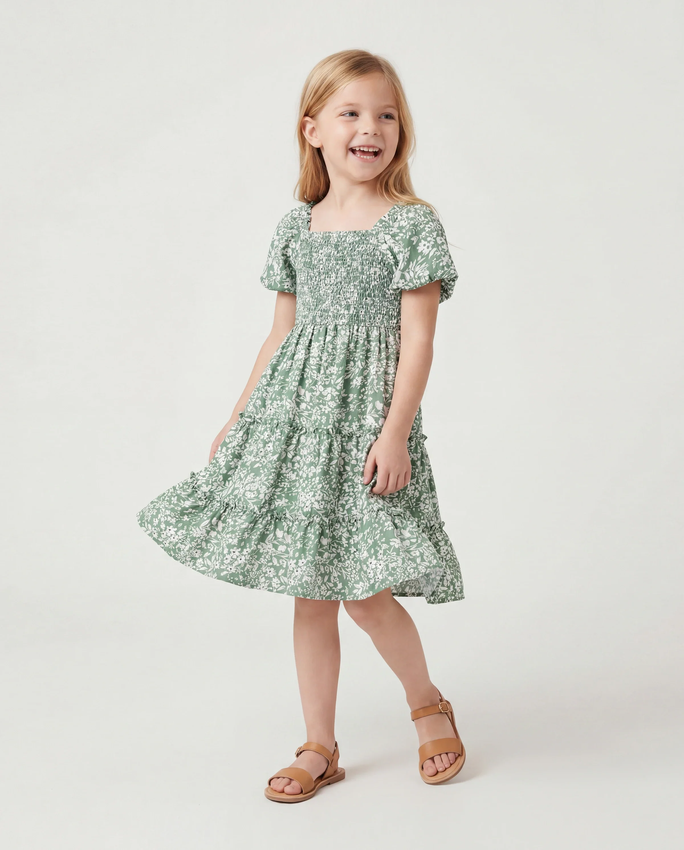 Elegant Broken Flower Matching Outfits for Family, Smocking Design, Medium Thickness Green - Image 3