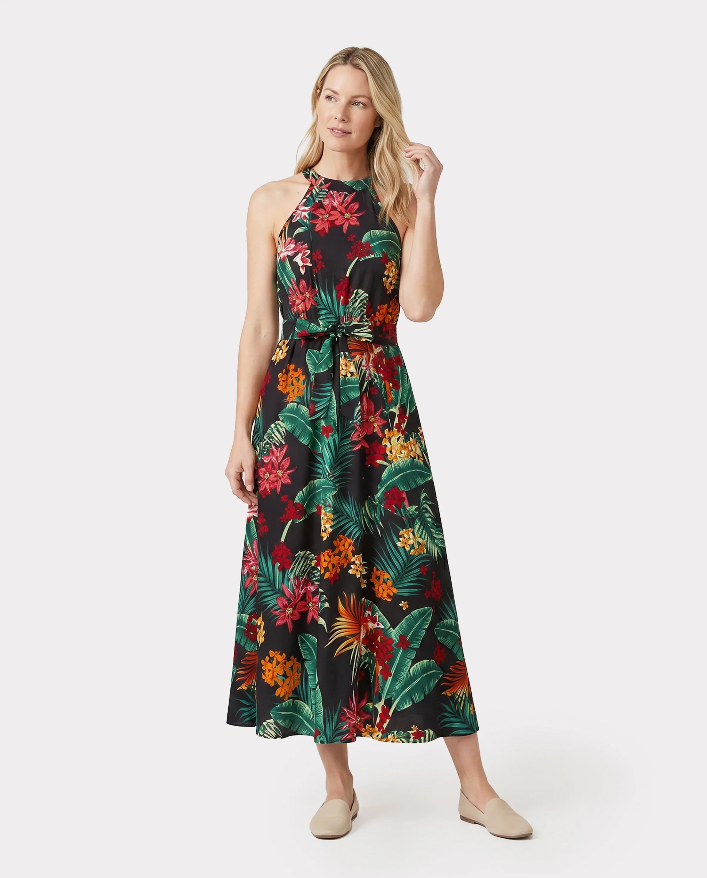 Family Matching Allover Plant Floral Print Halterneck Dresses and Short-sleeve Shirts Sets Black - Image 2