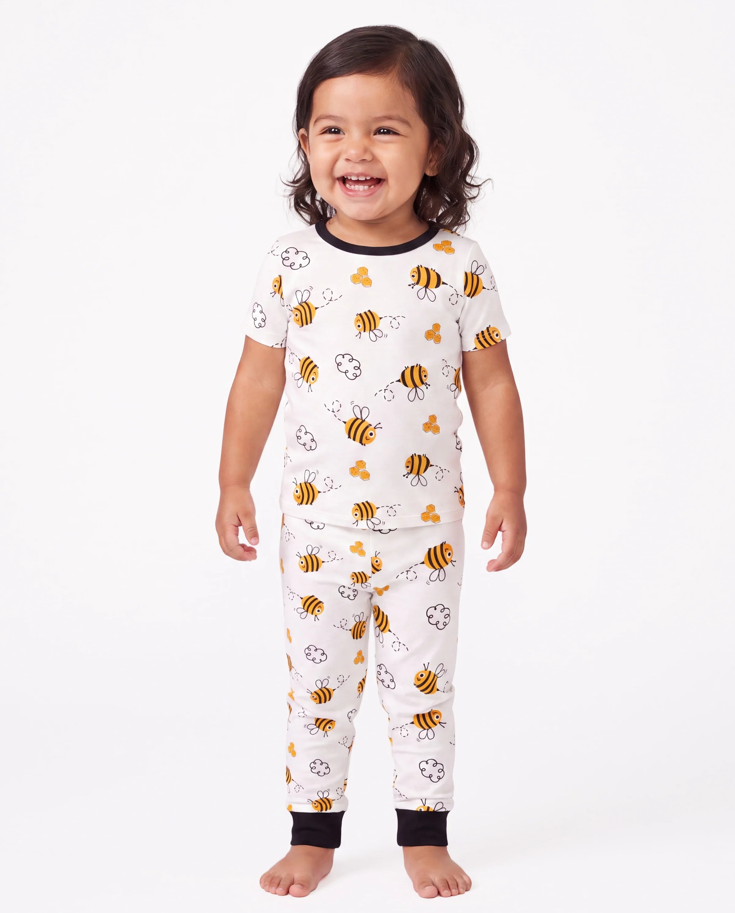 Family Matching Bamboo Pajamas Soft Bamboo Viscose PJs for Men Women Kids Toddler, Cute Bee Print Sleepwear with Short Sleeve Top and Long Pants White - Image 3
