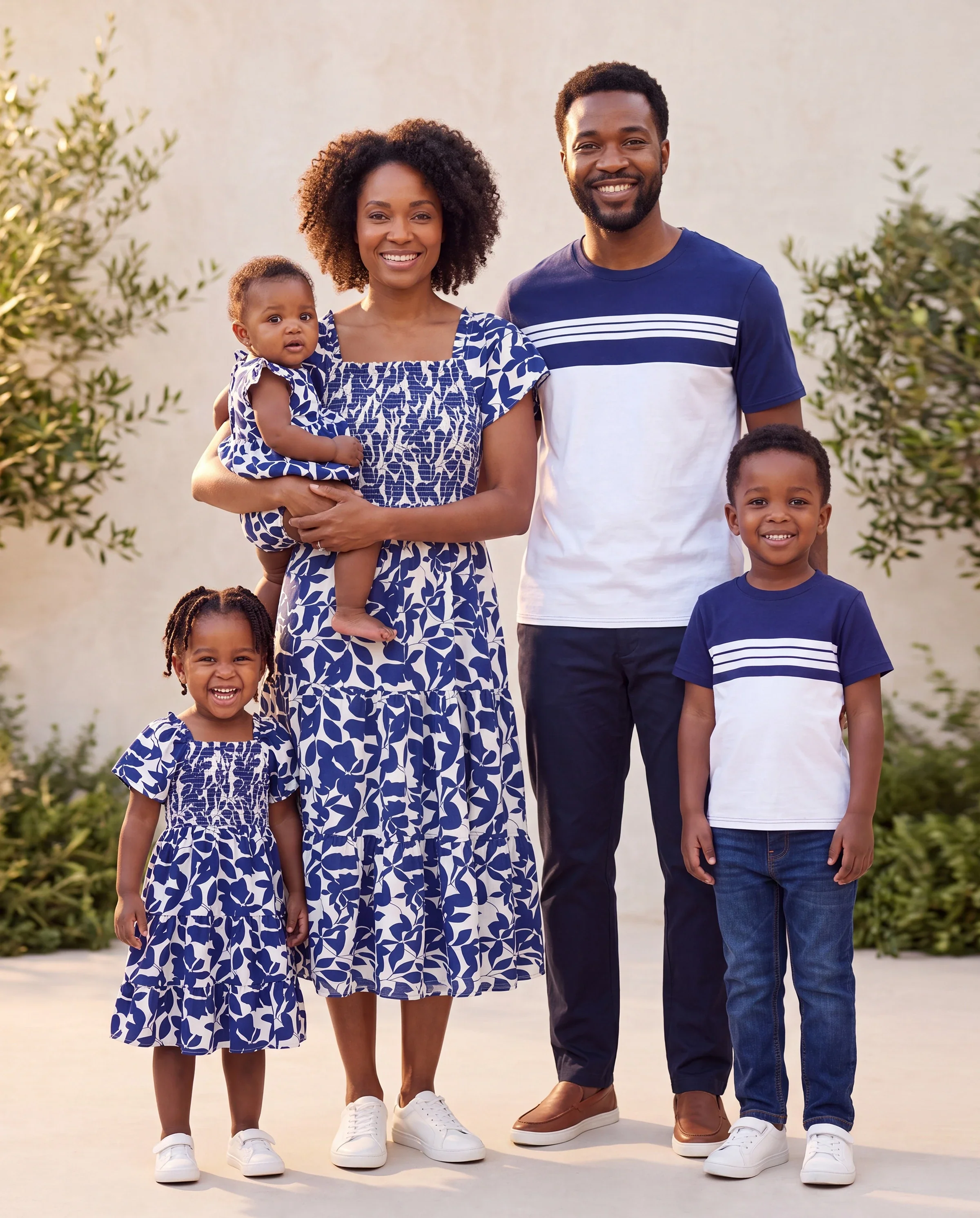 Family Matching Blue Colorblock Tee or Leaf Print Smocking Puff-sleeve Dress Set Blue - Image 11